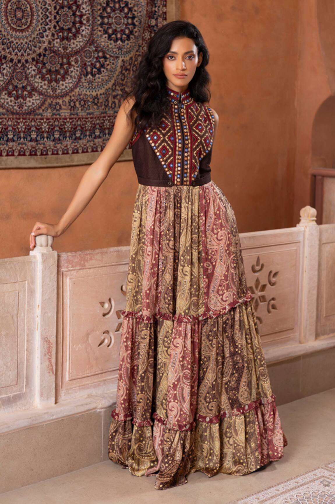 Shruti Sancheti Embroidered & Printed Tiered Gown 