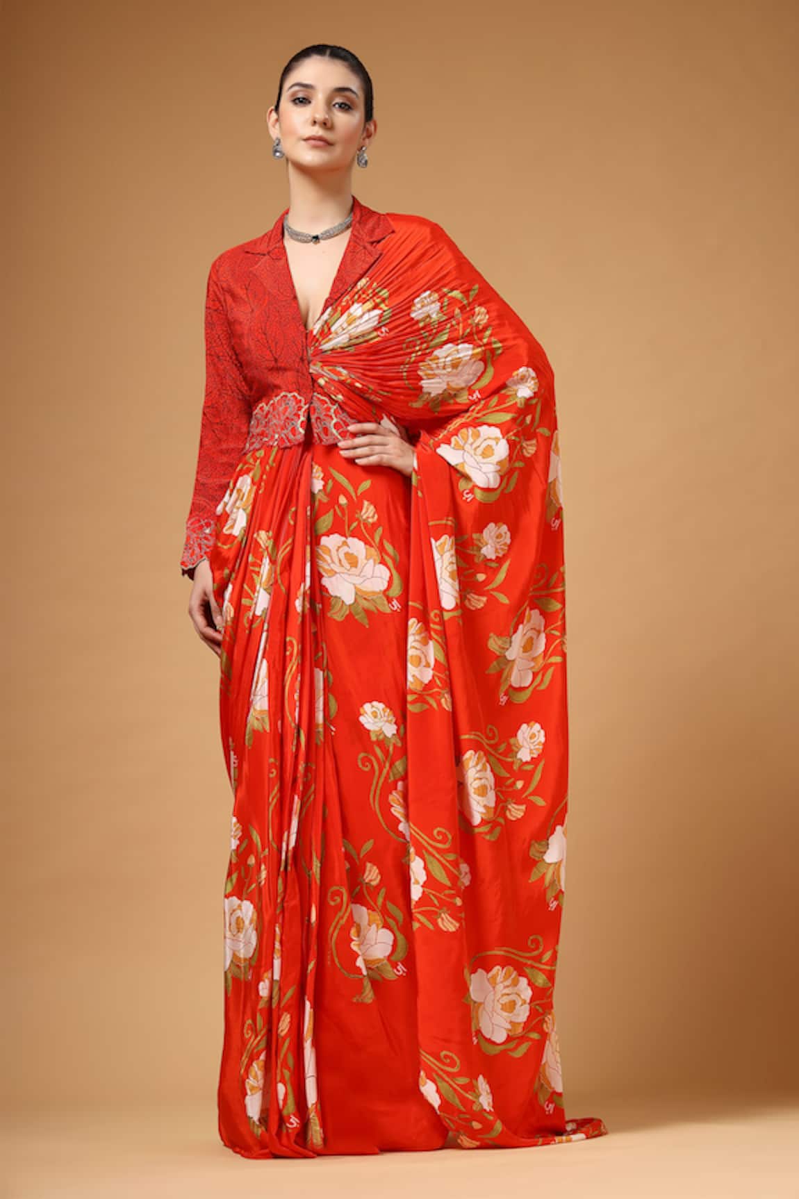 Gazab by Miku Kumar Orvya Jacket With Pre-Draped Floral Pattern Saree 