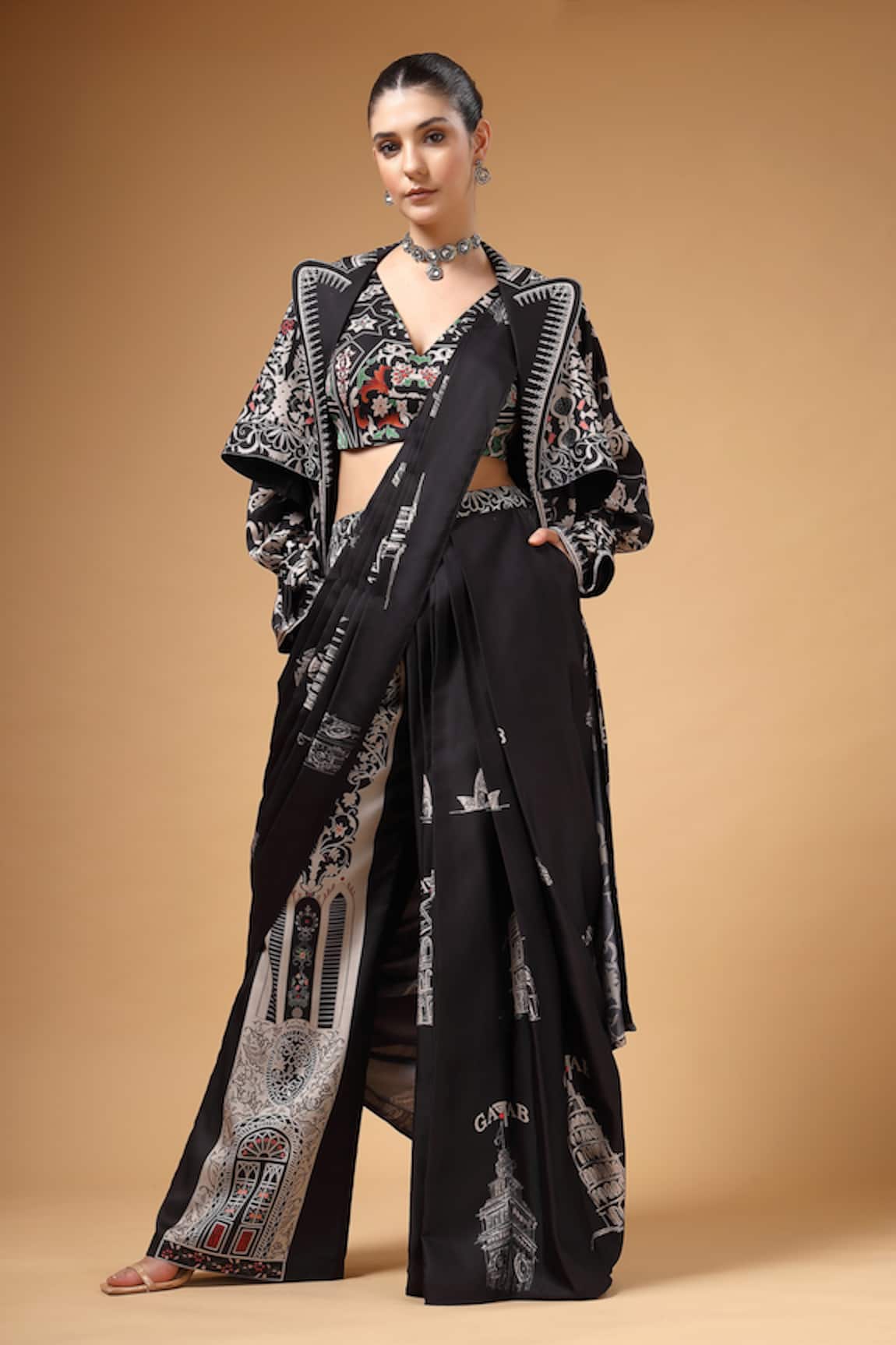 Gazab by Miku Kumar Nyrah Print Pre-Draped Pant Saree & Jacket Set 