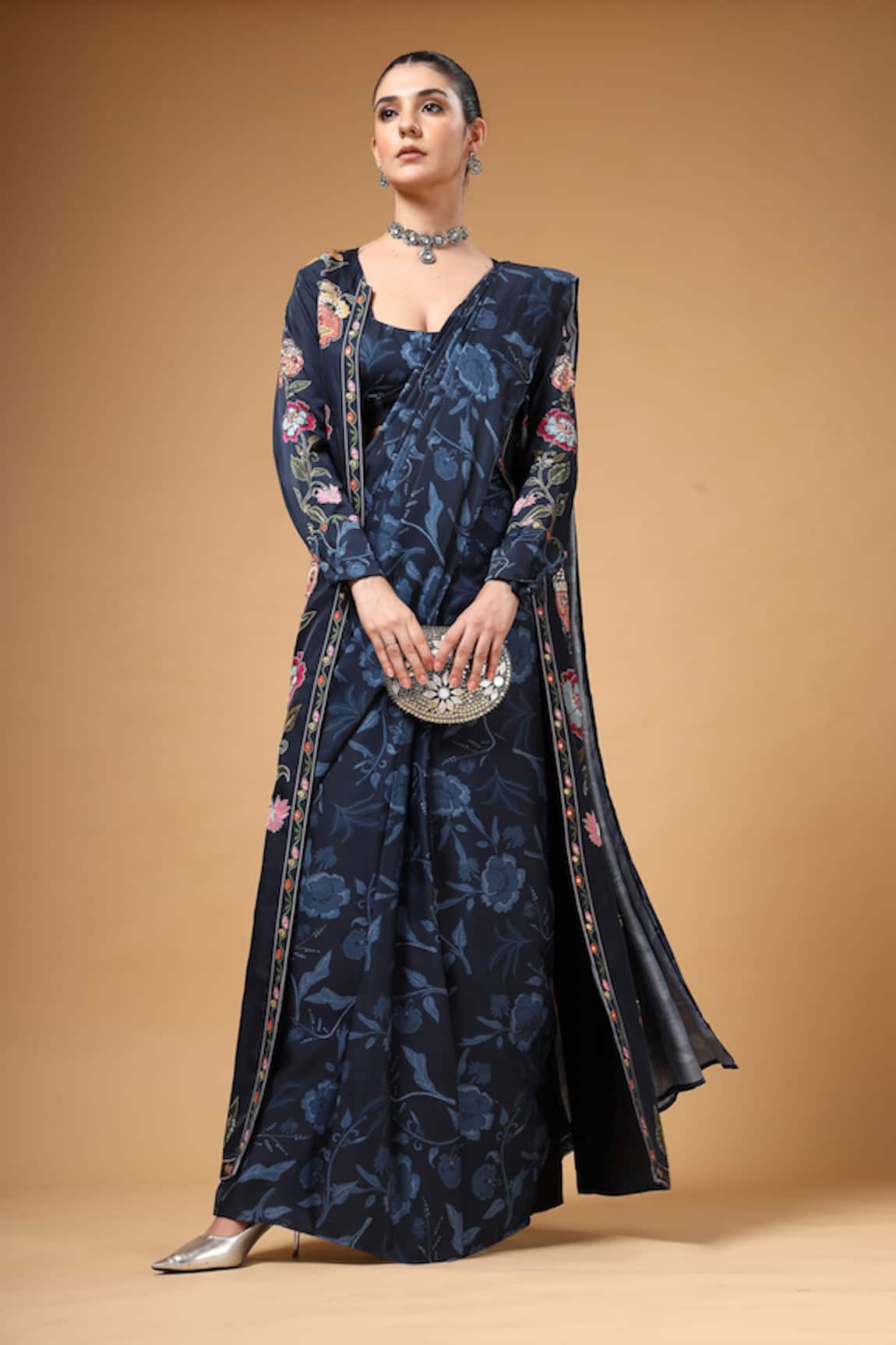 Gazab by Miku Kumar Elvya Print Cape & Pre-Draped Saree Set 