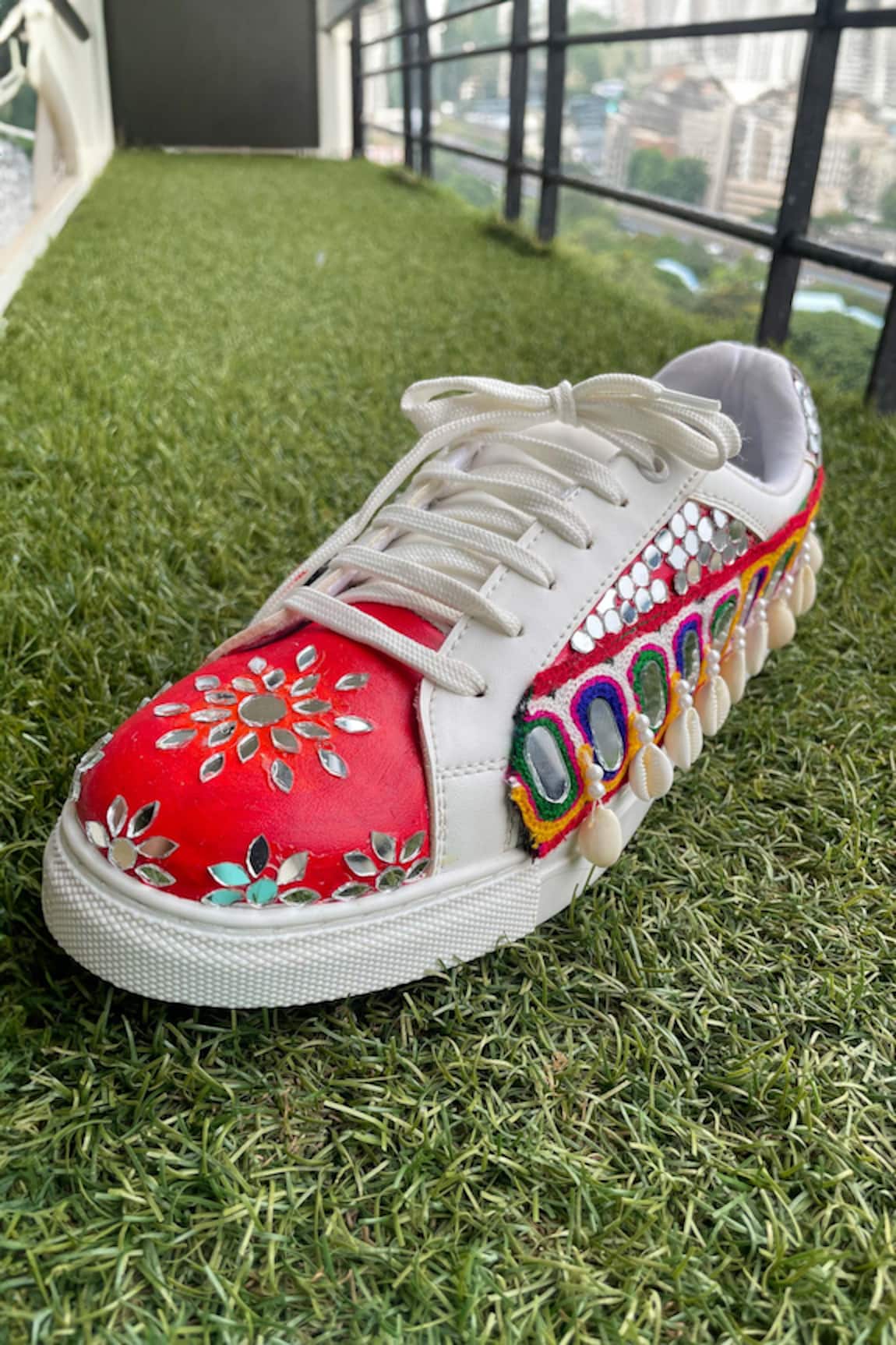 Modanta Footwear Mirror & Cowrie Shell Embellished Sneakers 