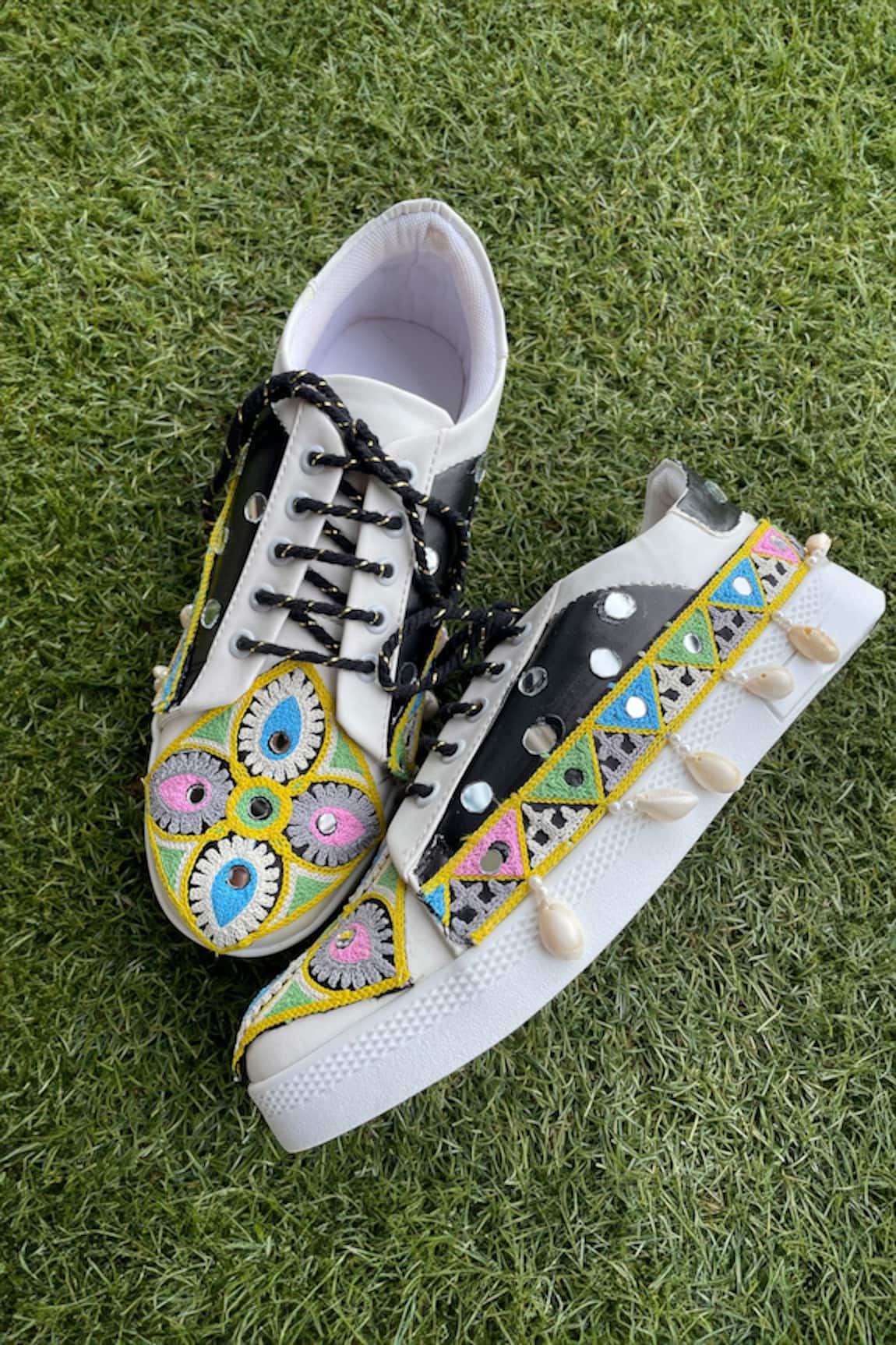 Modanta Footwear Embroidered Mirror & Cowrie Shell Sneakers 