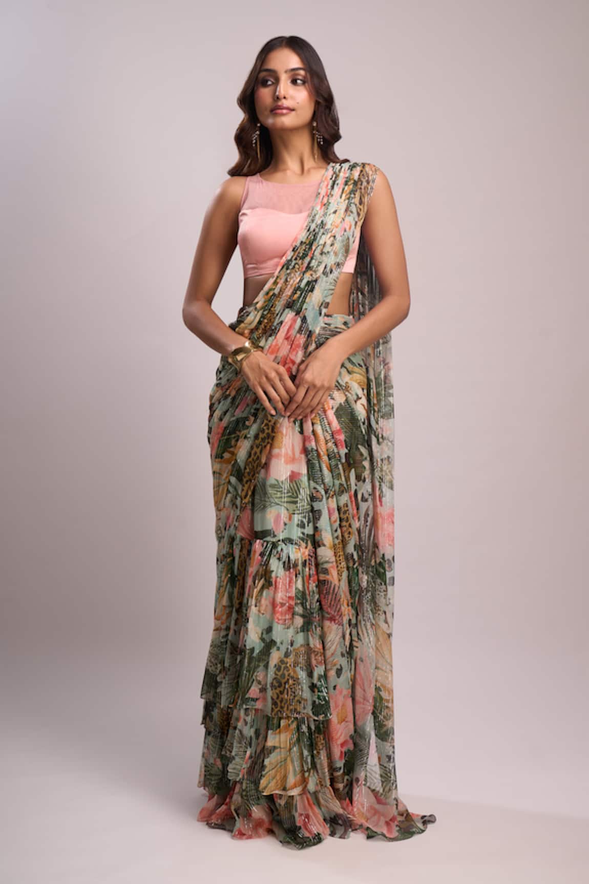 Aza X Shilpa Shetty Kundra Botanical Print Pre-Draped Layered Saree With Blouse 