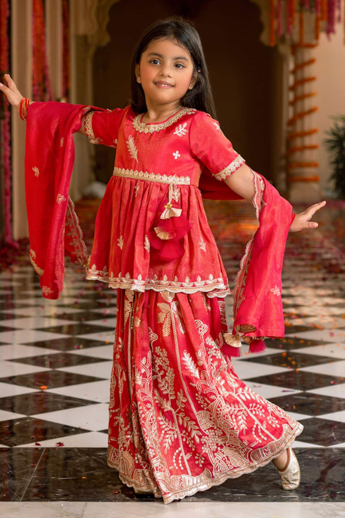 Fayon Kids Pink Embroidered Kurta Lehenga Set 