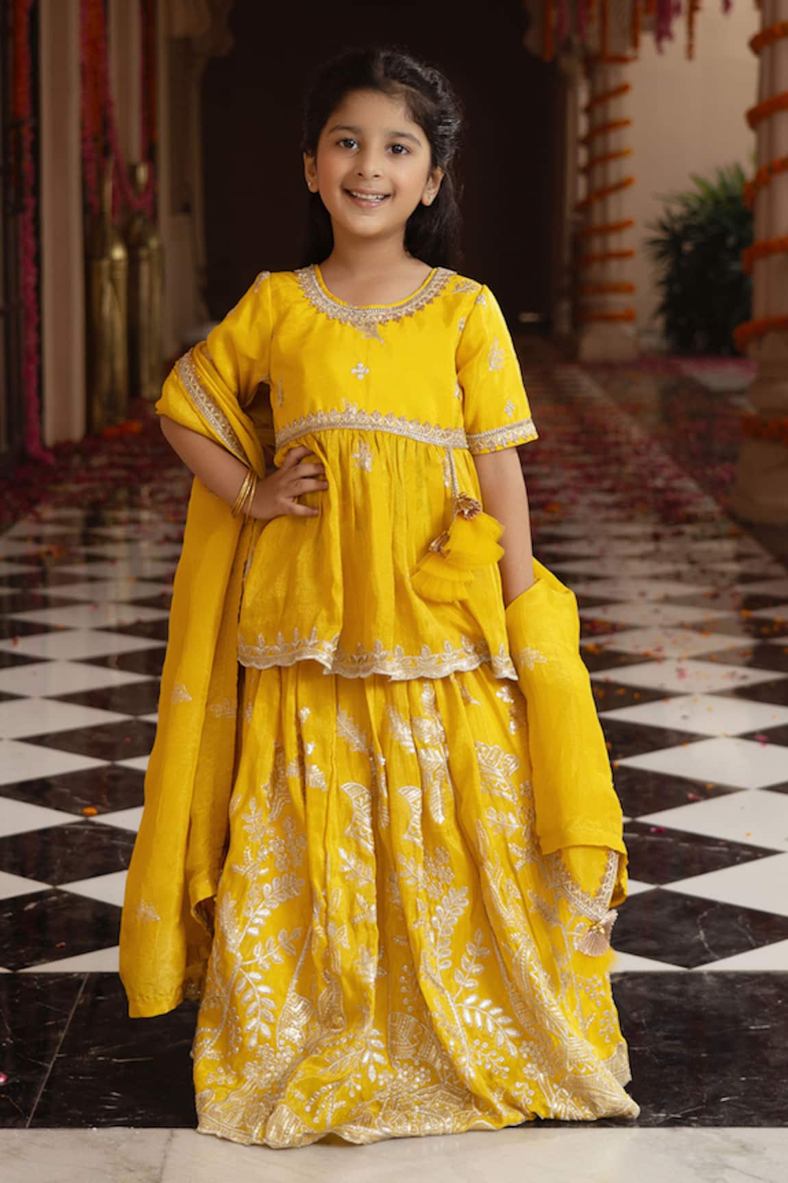 Fayon Kids Yellow Embroidered Kurta Lehenga Set 