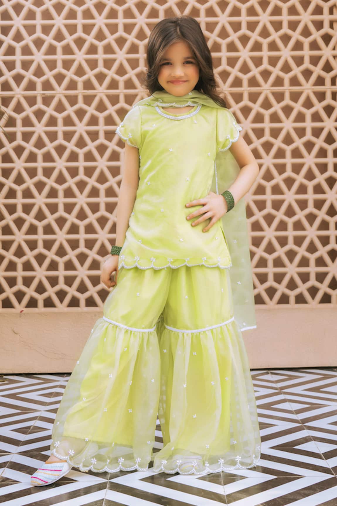Fayon Kids Green Embroidered Organza Kurta Sharara Set 
