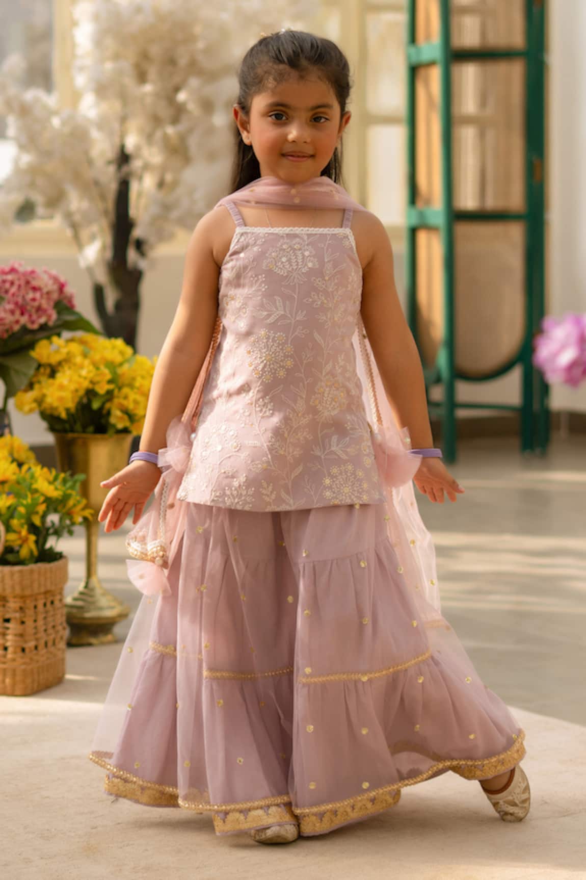 Fayon Kids Lilac Embroidered Kurta Sharara Set 