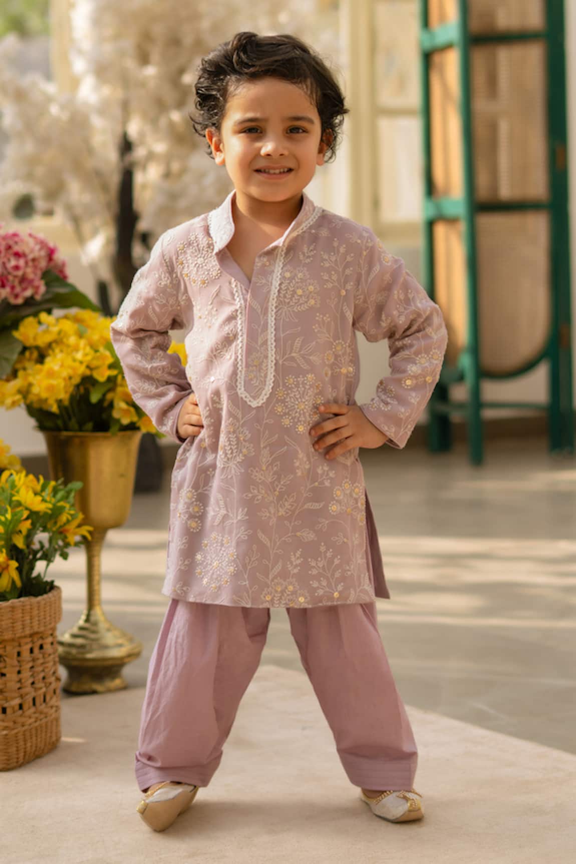 Fayon Kids Lilac Embroidered Kurta Set 