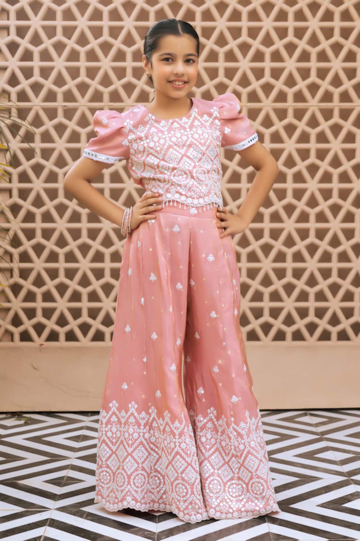 Fayon Kids Pink Embroidered Top & Palazzo Set 