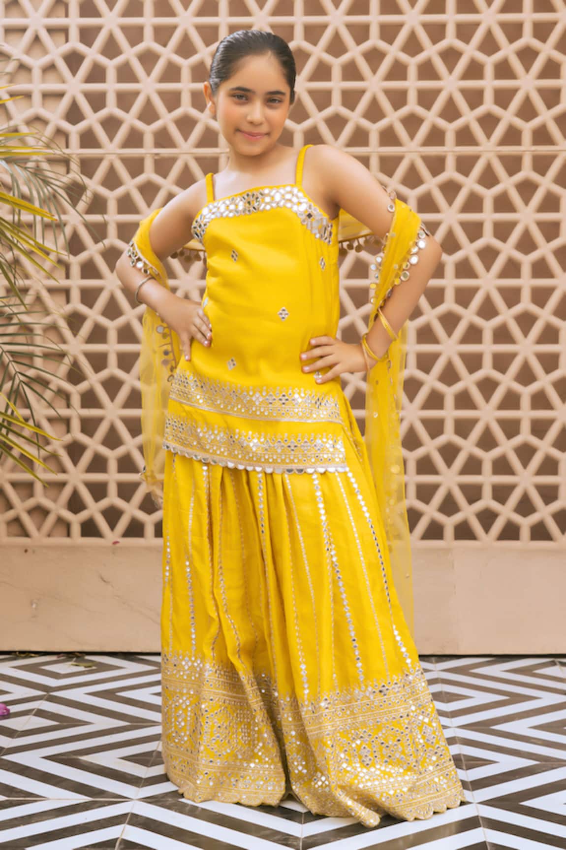 Fayon Kids Yellow Embroidered Kurti Lehenga Set 