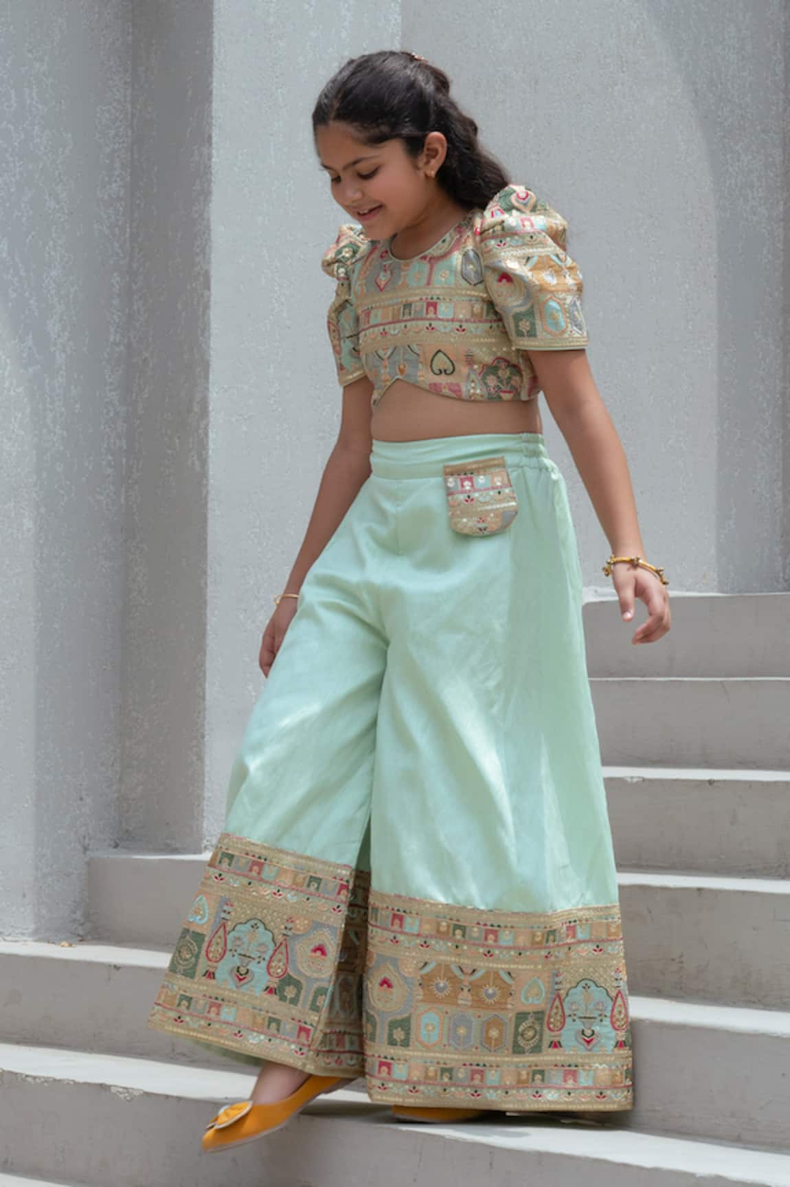 Fayon Kids Pista Green Embroidered Crop Top With Palazzo 