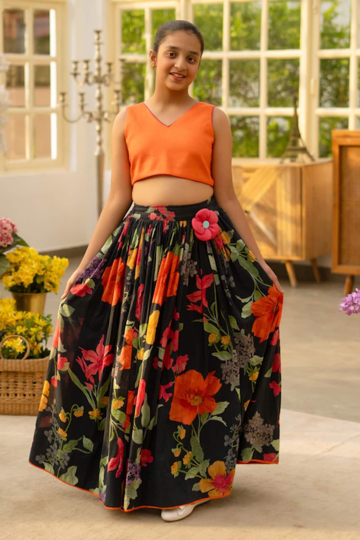 Fayon Kids Orange Crop Top With Printed Skirt 