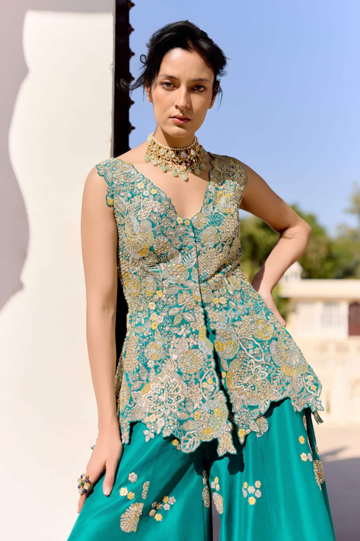 Osaa By Adarsh Pine Green Embroidered Peplum Top & Gharara Set 