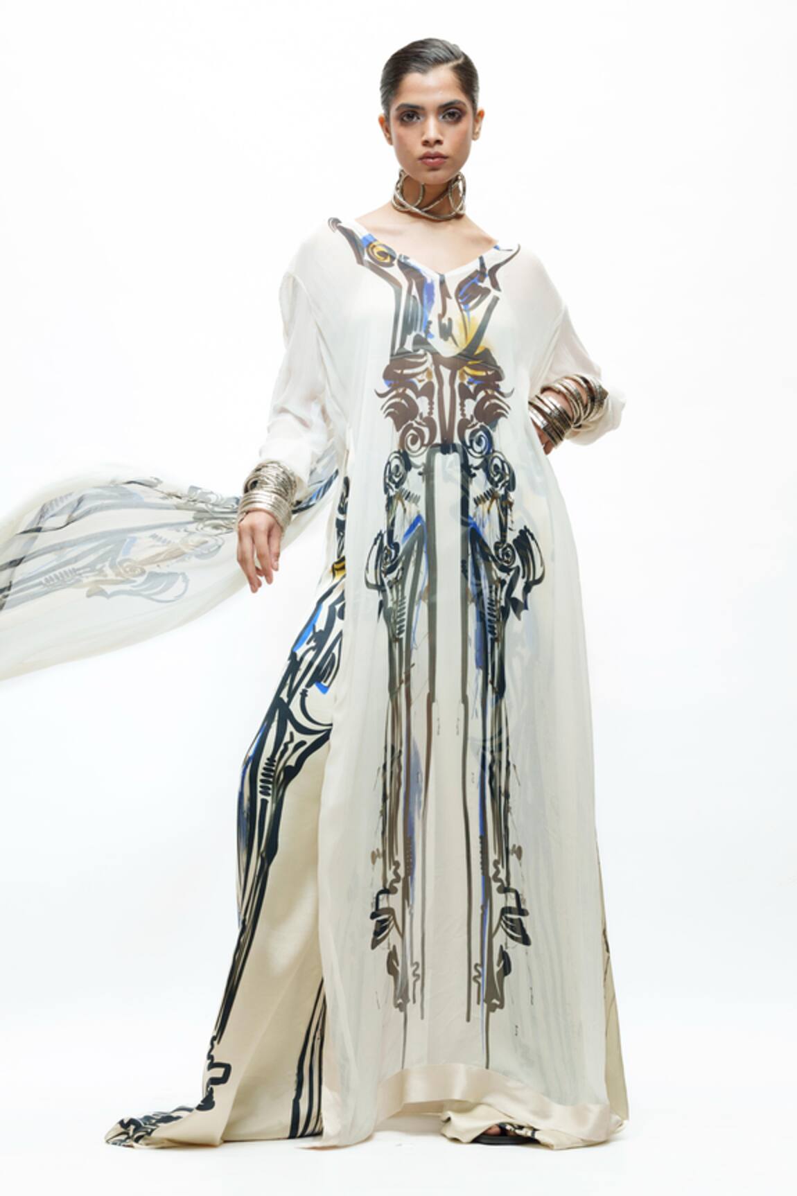 AK-OK Abstract Print Long Kurta & Flared Trouser Set 