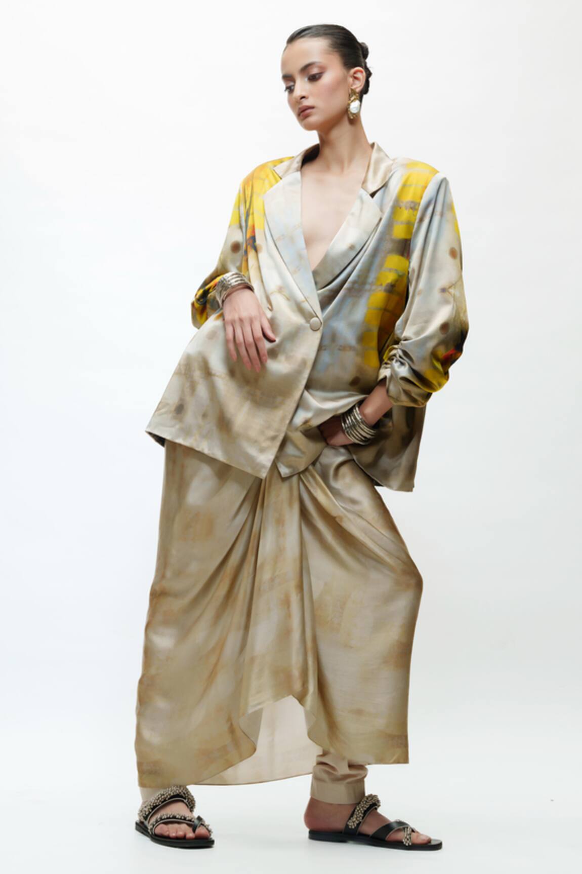 AK-OK Printed Oversised Blazer & Knotted Skirt Set 
