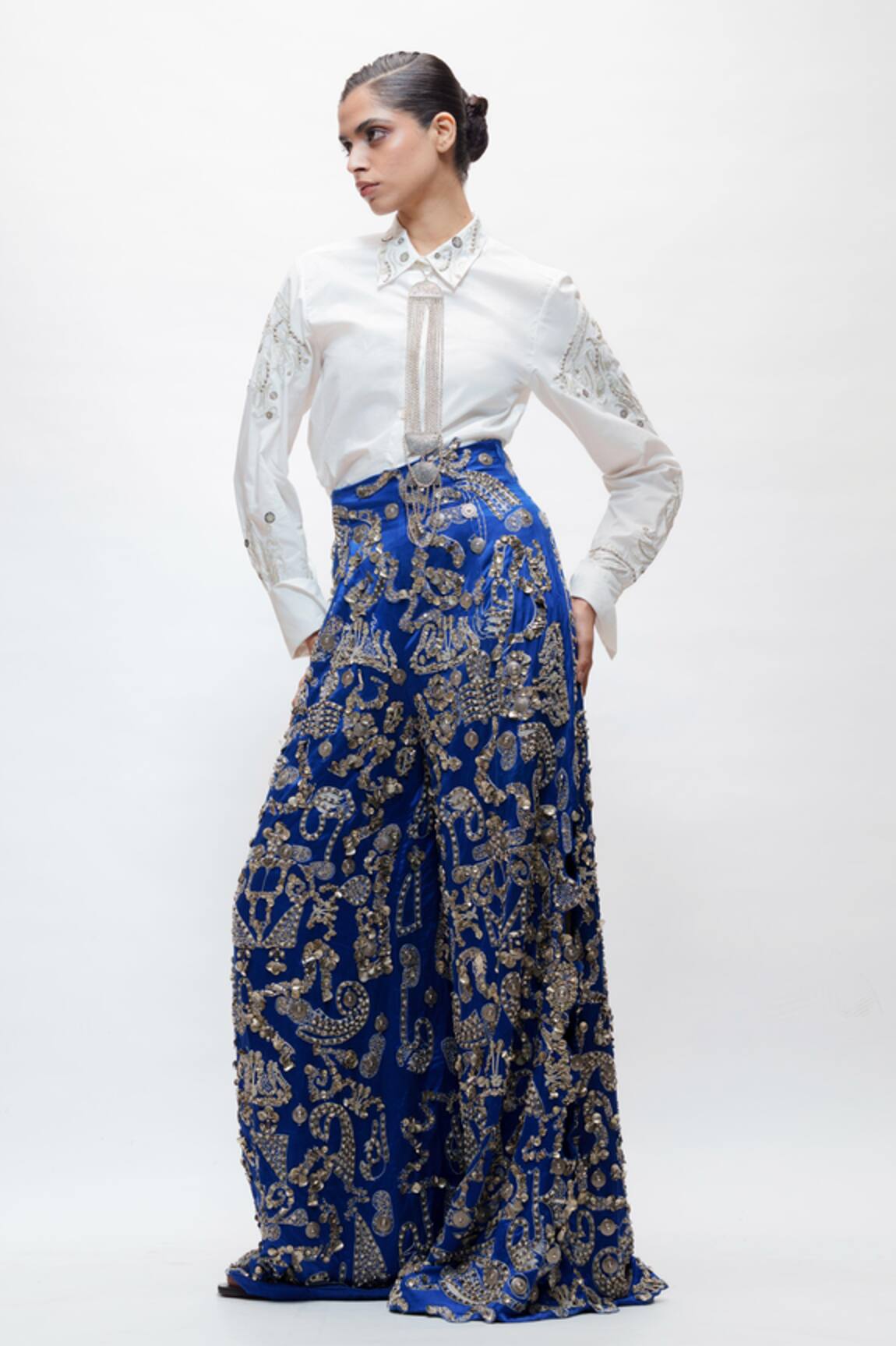 AK-OK Silver Embroidered Cotton Shirt 