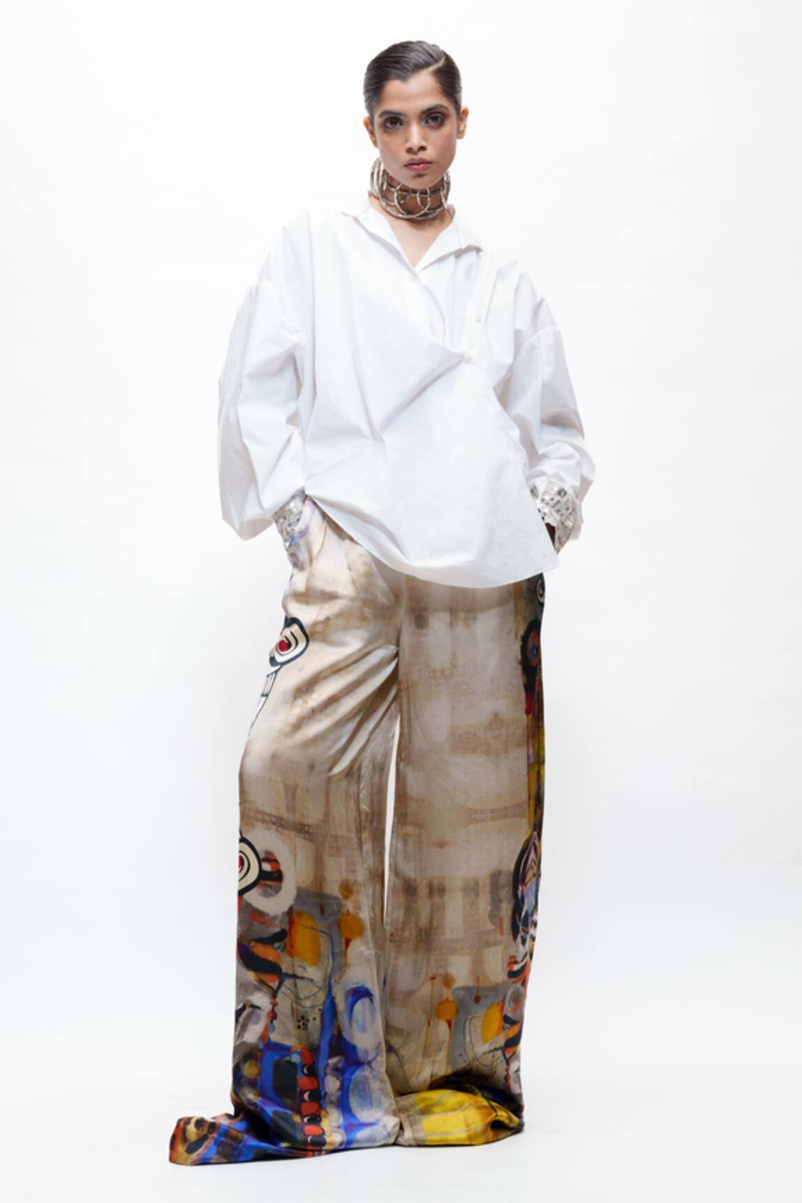 AK-OK Printed Silk Wide Leg Trouser 