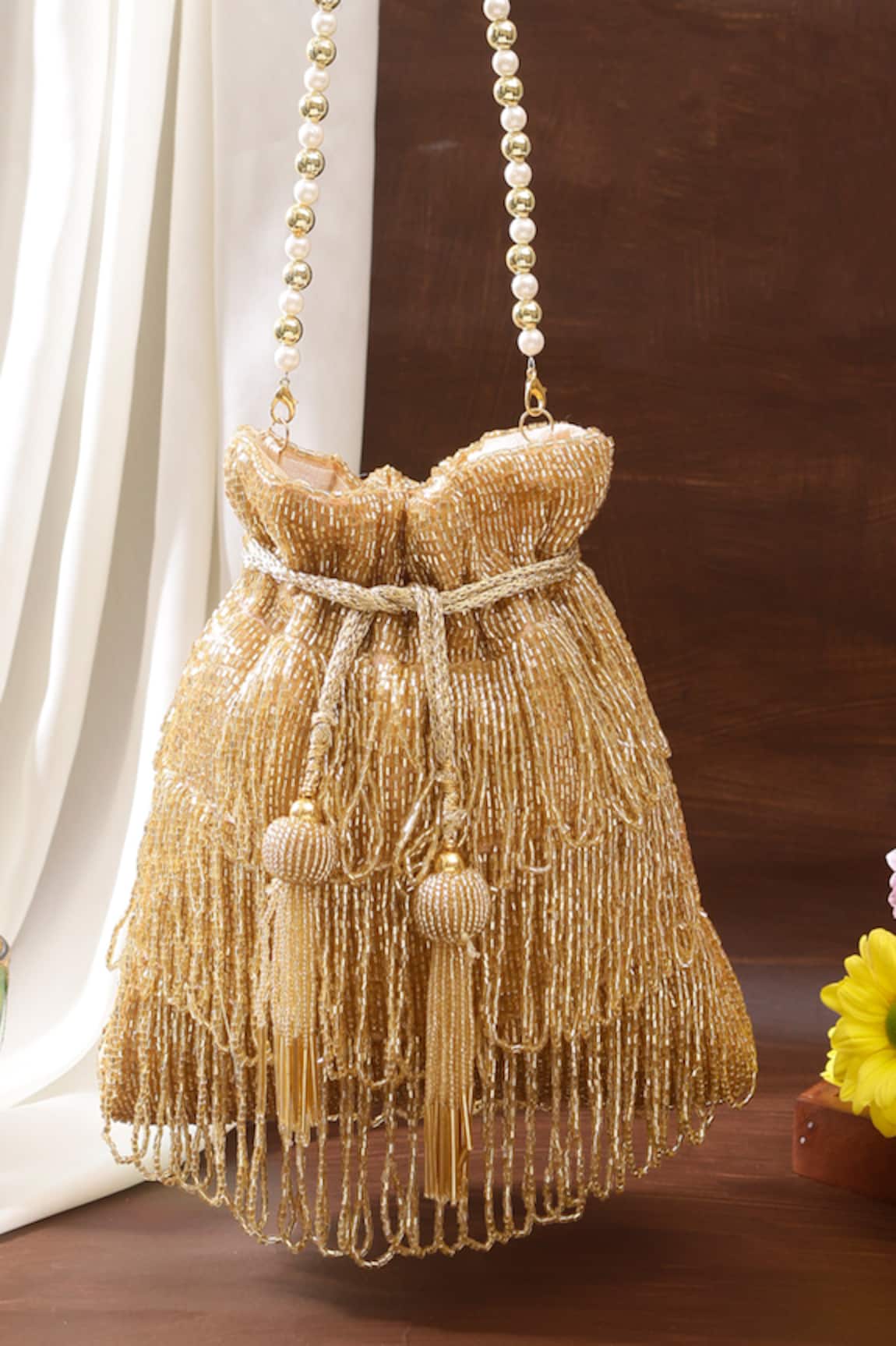 Nazaakat By Samara Singh Beaded Fringe Drawstring Potli Bag 