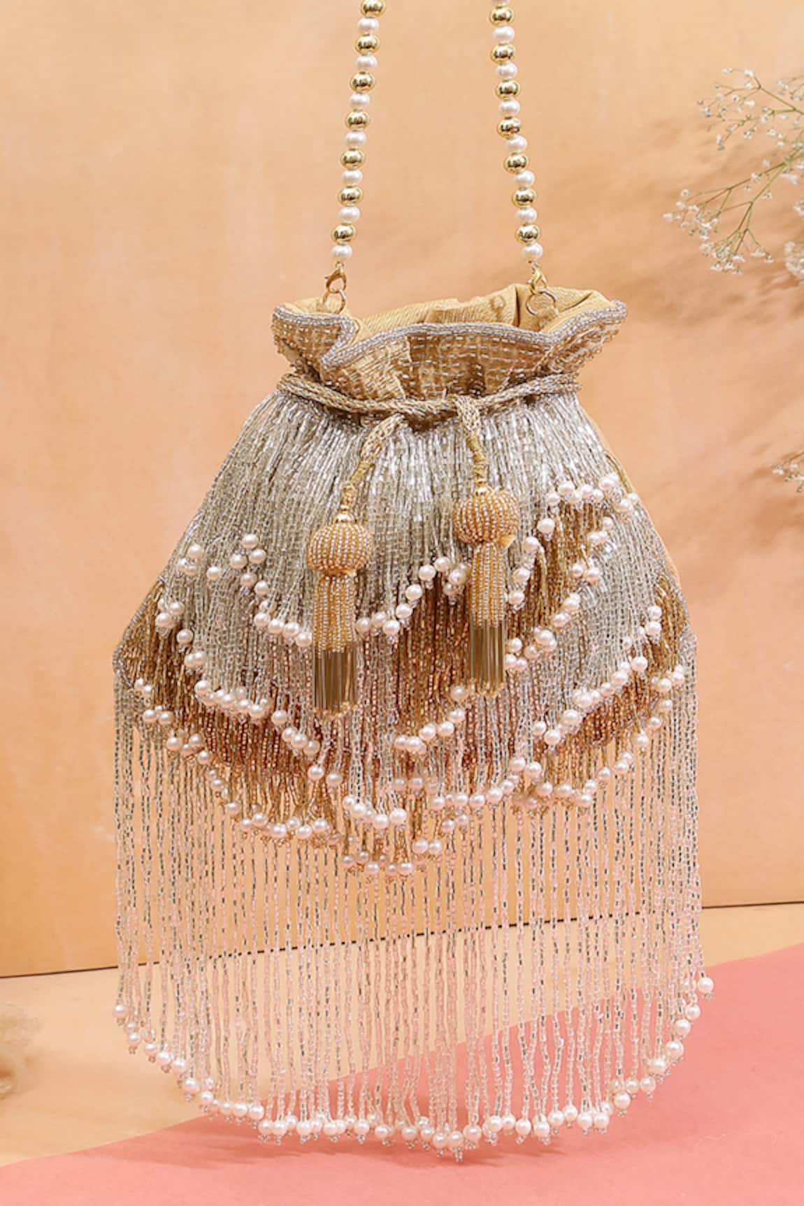 Nazaakat By Samara Singh Beaded Fringe Potli Bag With Pearl Handle 