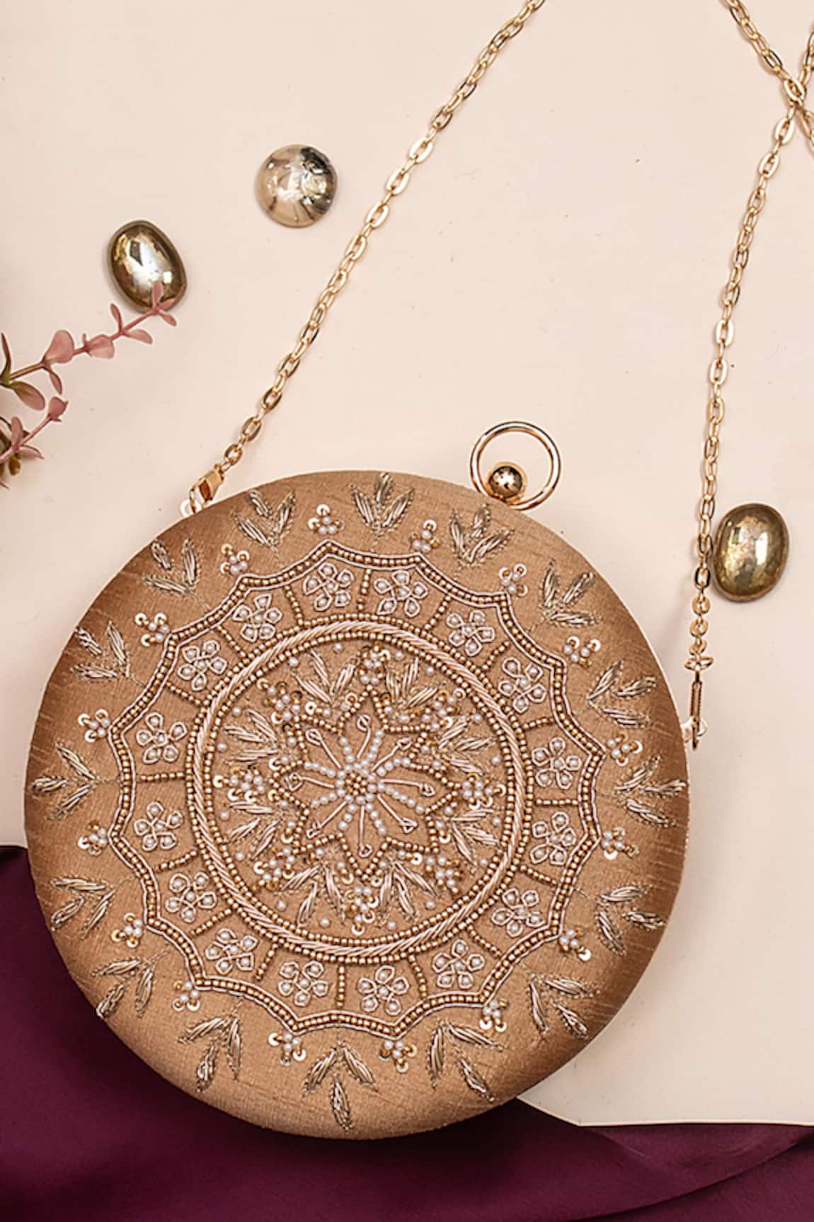 Nazaakat By Samara Singh Embroidered Round Clutch With Detachable Sling 