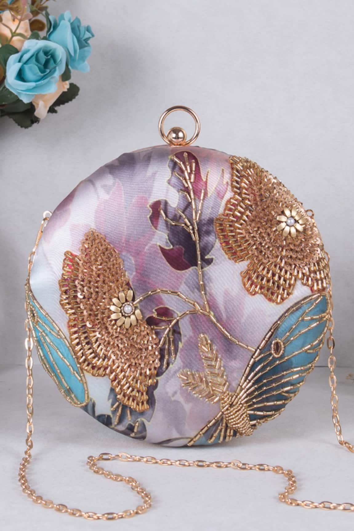 Nazaakat By Samara Singh Floral Embroidered Round Clutch With Sling 