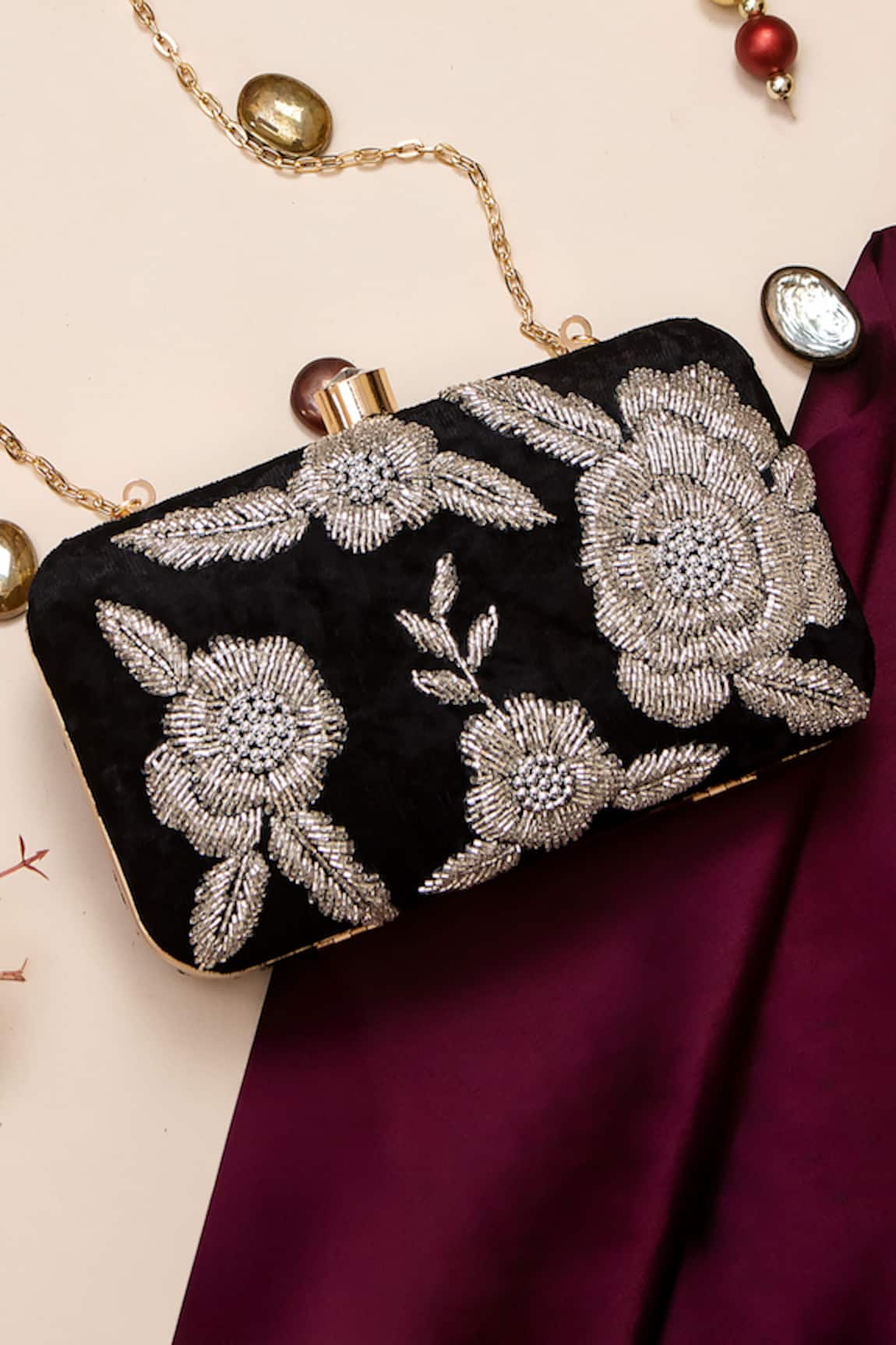 Nazaakat By Samara Singh Floral Embroidered Clutch With Detachable Sling 