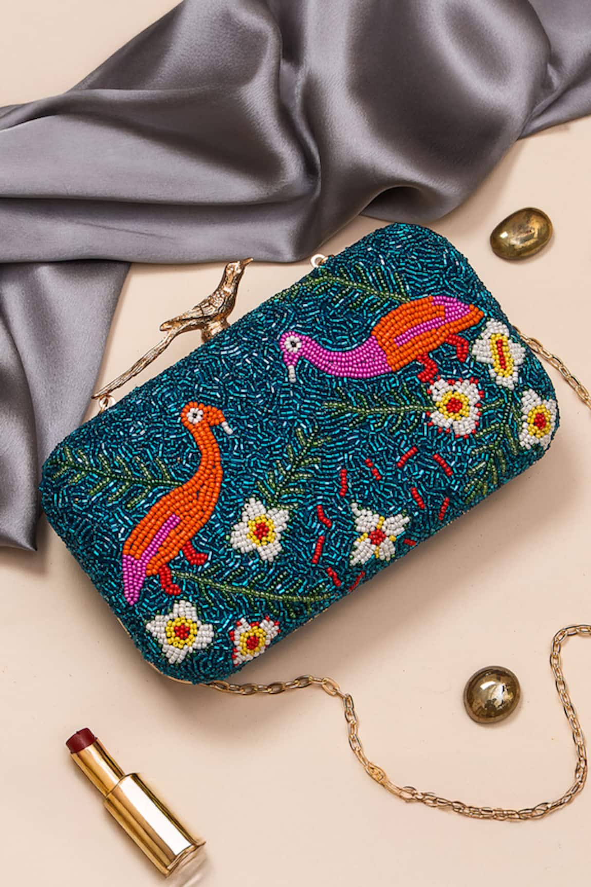 Nazaakat By Samara Singh Beaded Bird & Floral Embroidered Clutch 