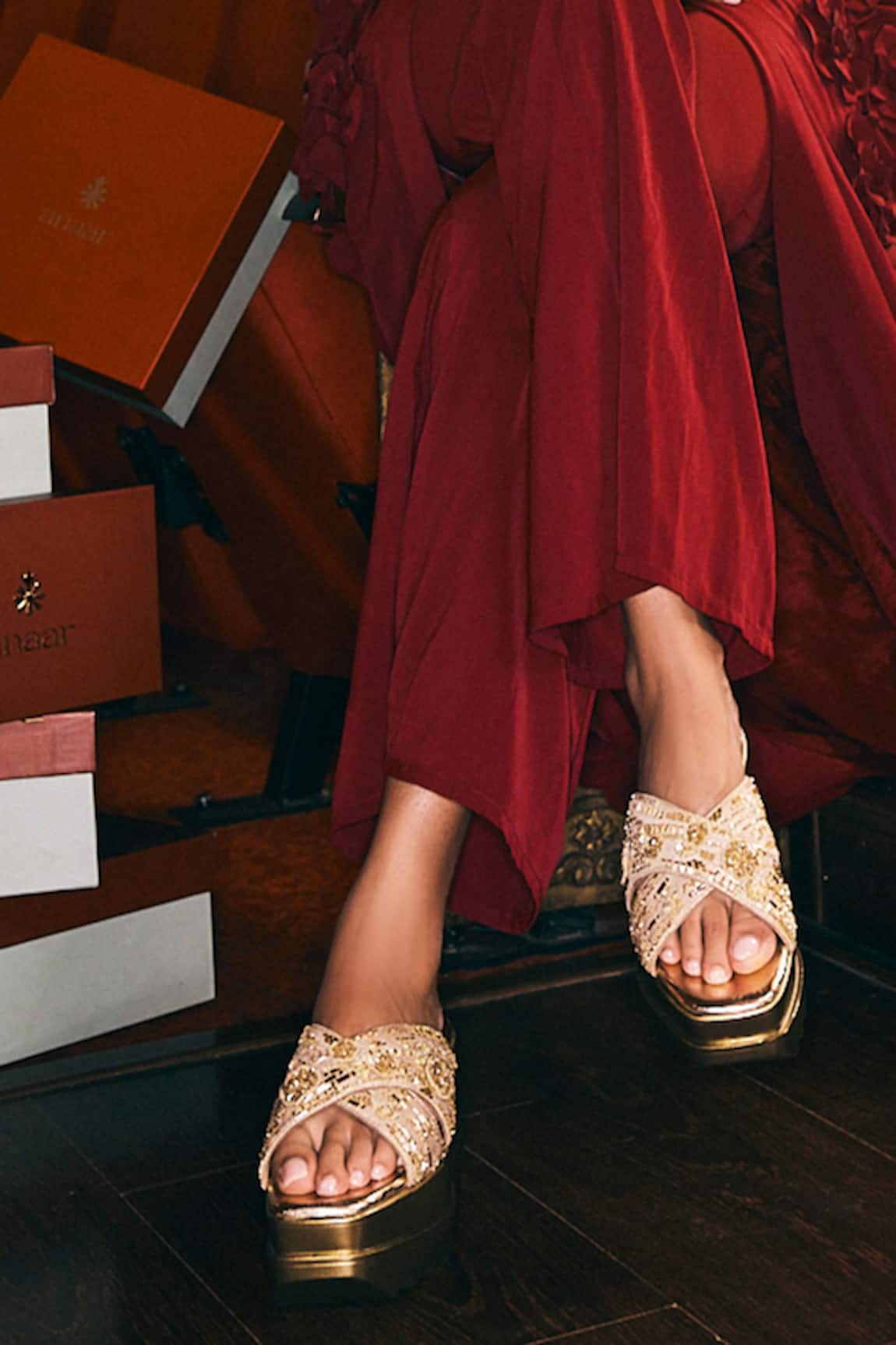 Anaar Marigold Embroidered Wedge Sandals 