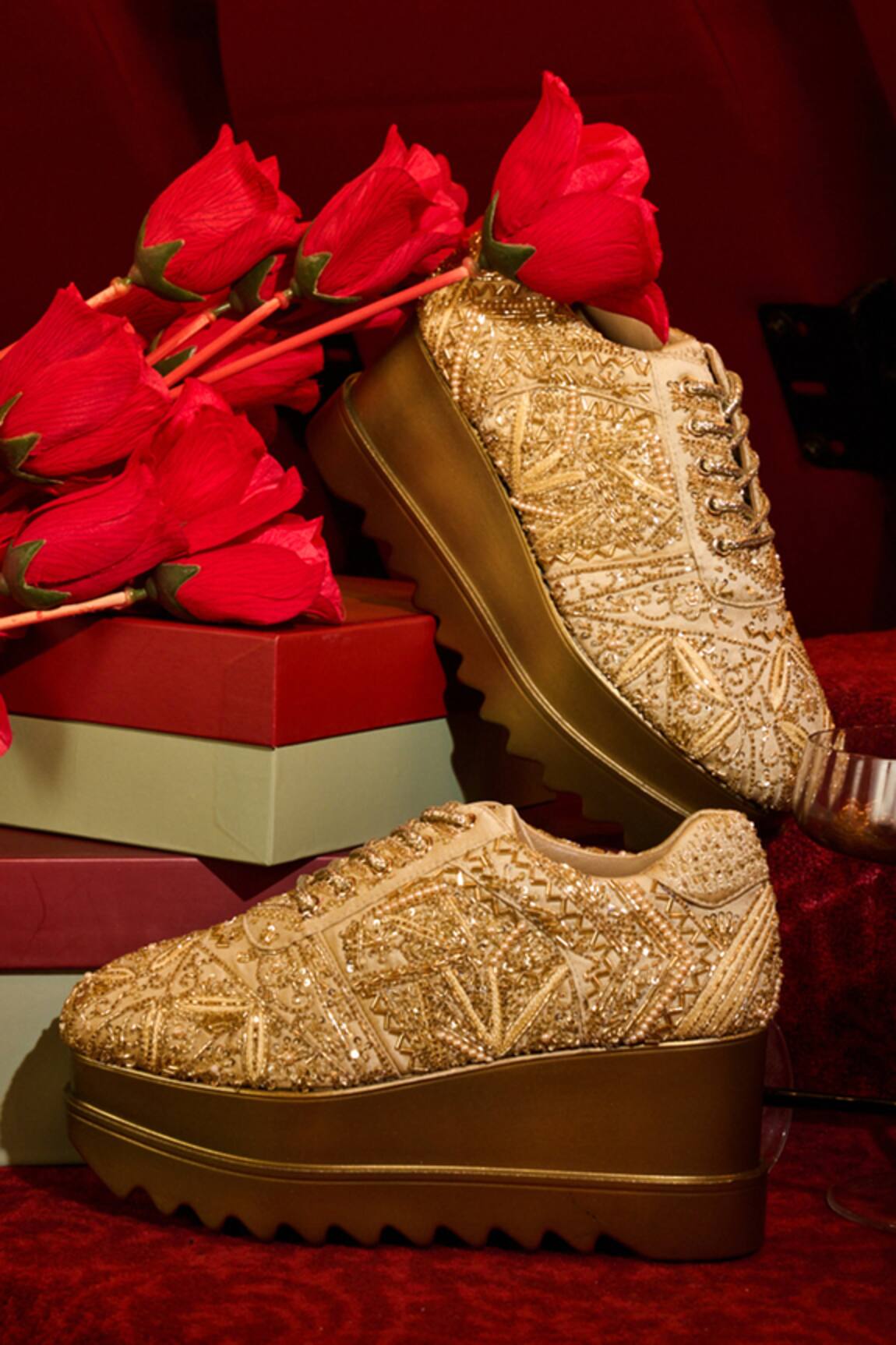 Anaar Sneak-O-gold Wedge Embroidered Sneakers 