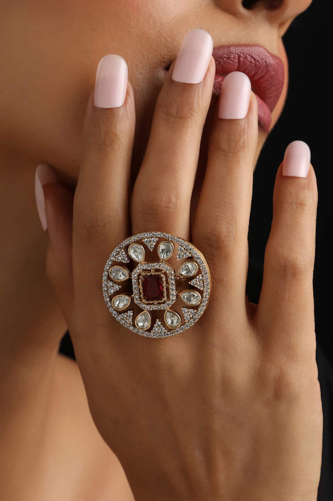 Swabhimann Red Polki Adjustable Ring 