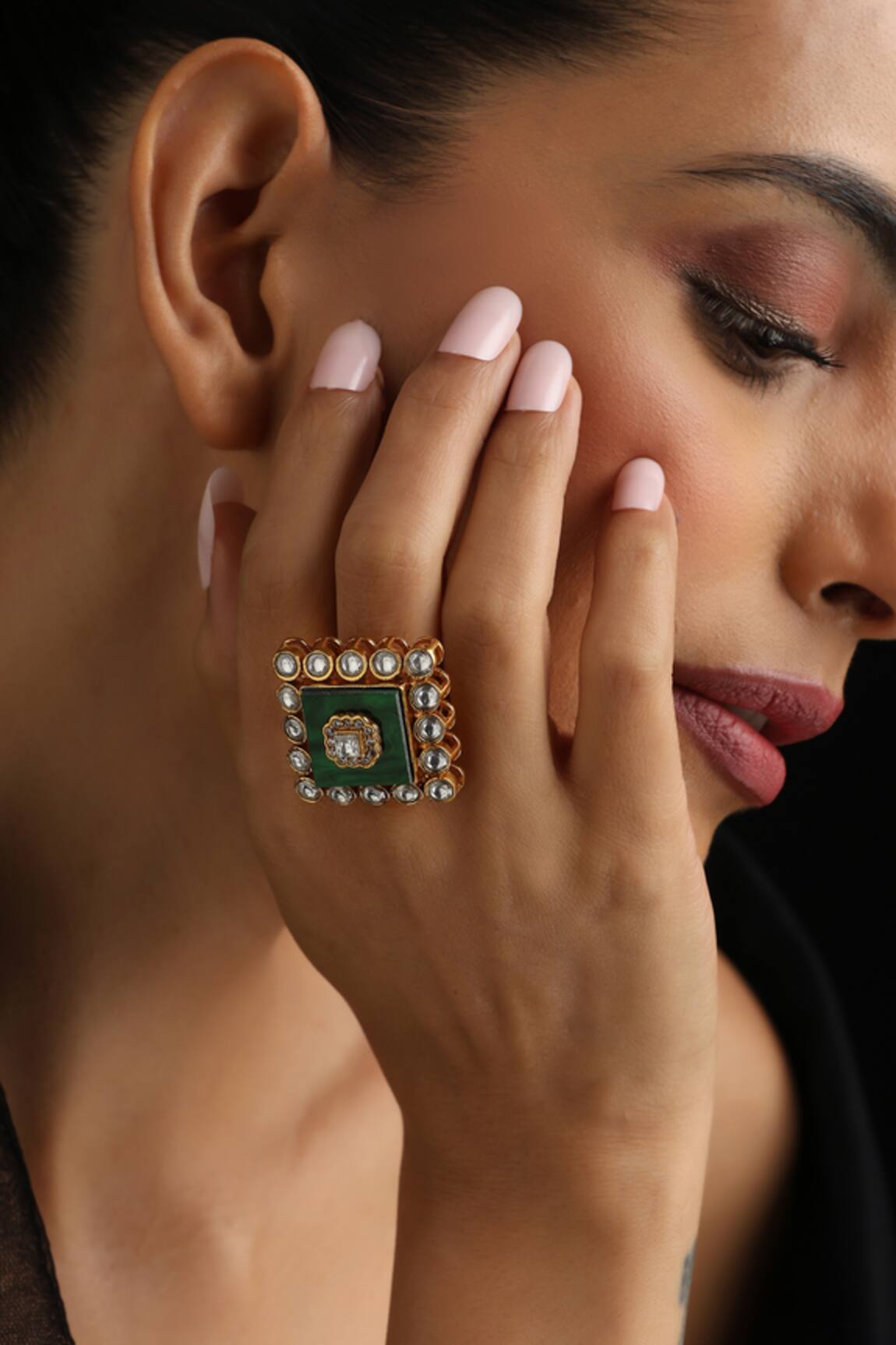 Swabhimann Green Kundan Adjustable Ring 