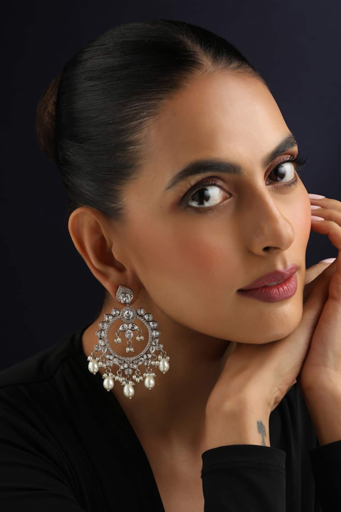Swabhimann White Polki & Pearls Chandbali Earrings 
