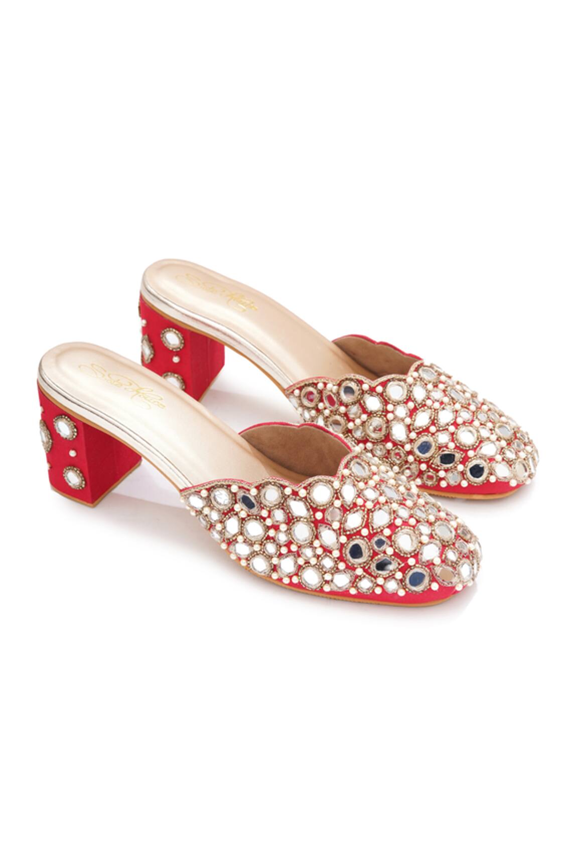 Sole House Embroidered Mirror & Stone Block Heel Mules 