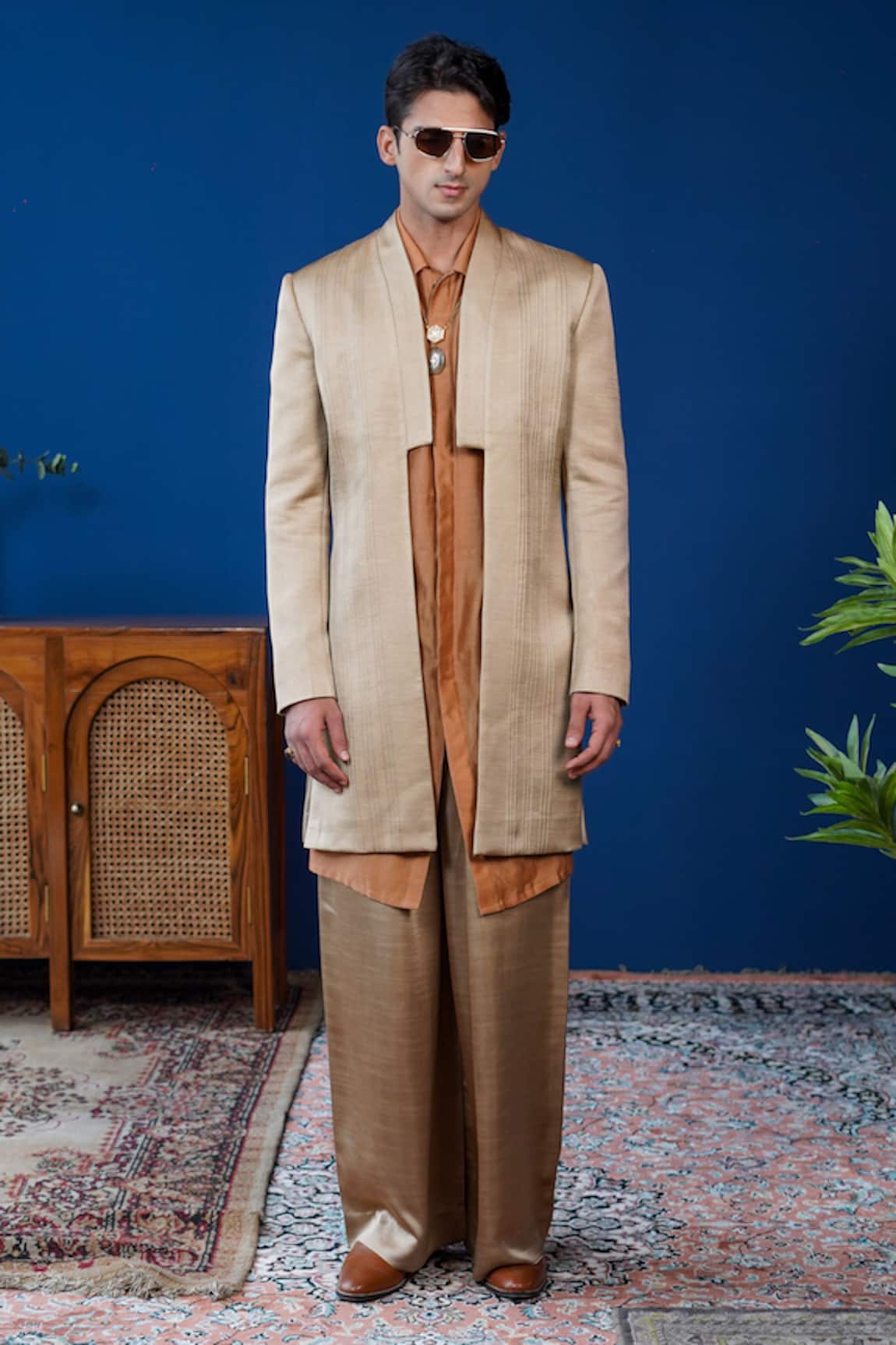Philocaly Rivat Set Pintuck Indowestern Jacket & Chanderi Kurta 
