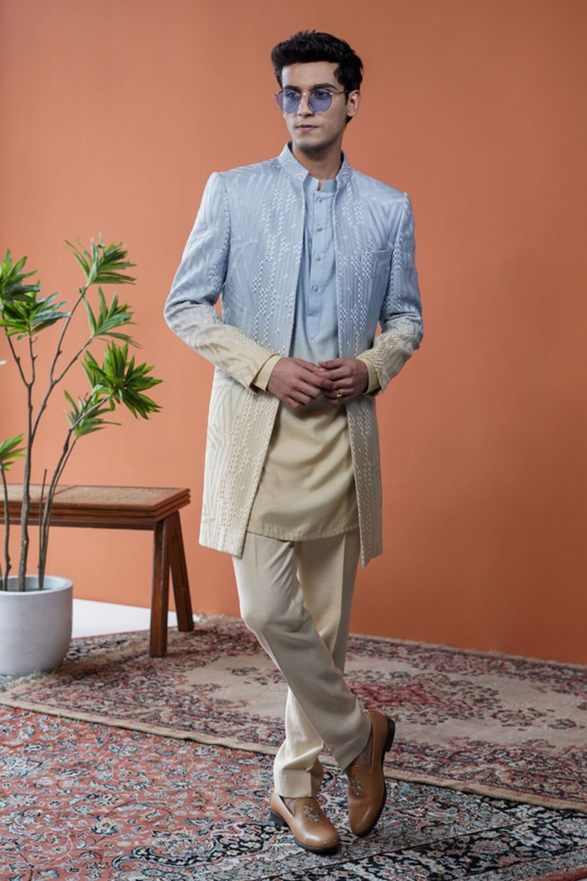 Philocaly Aurevia Ombre Geometric Embroidered Sherwani 