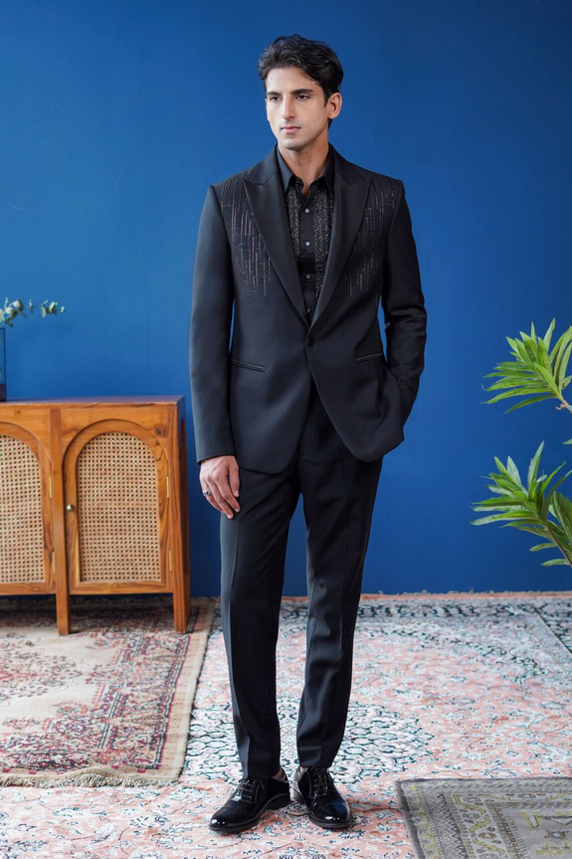 Philocaly Noircrest Geometric Neem Zari Embroidered Tuxedo 
