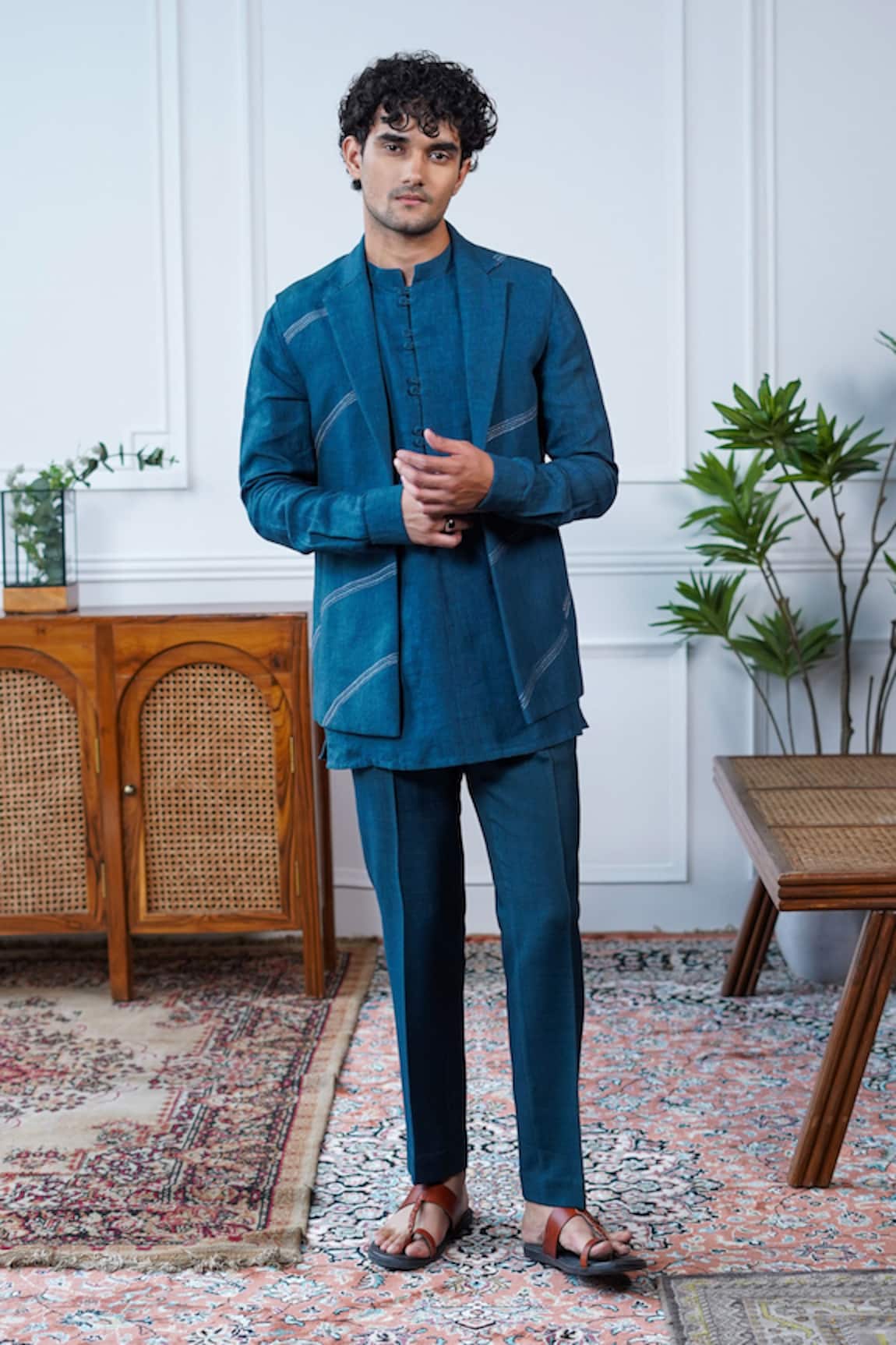 Philocaly Ambar Linen Artisanal Embroidered Bundi Kurta Set 