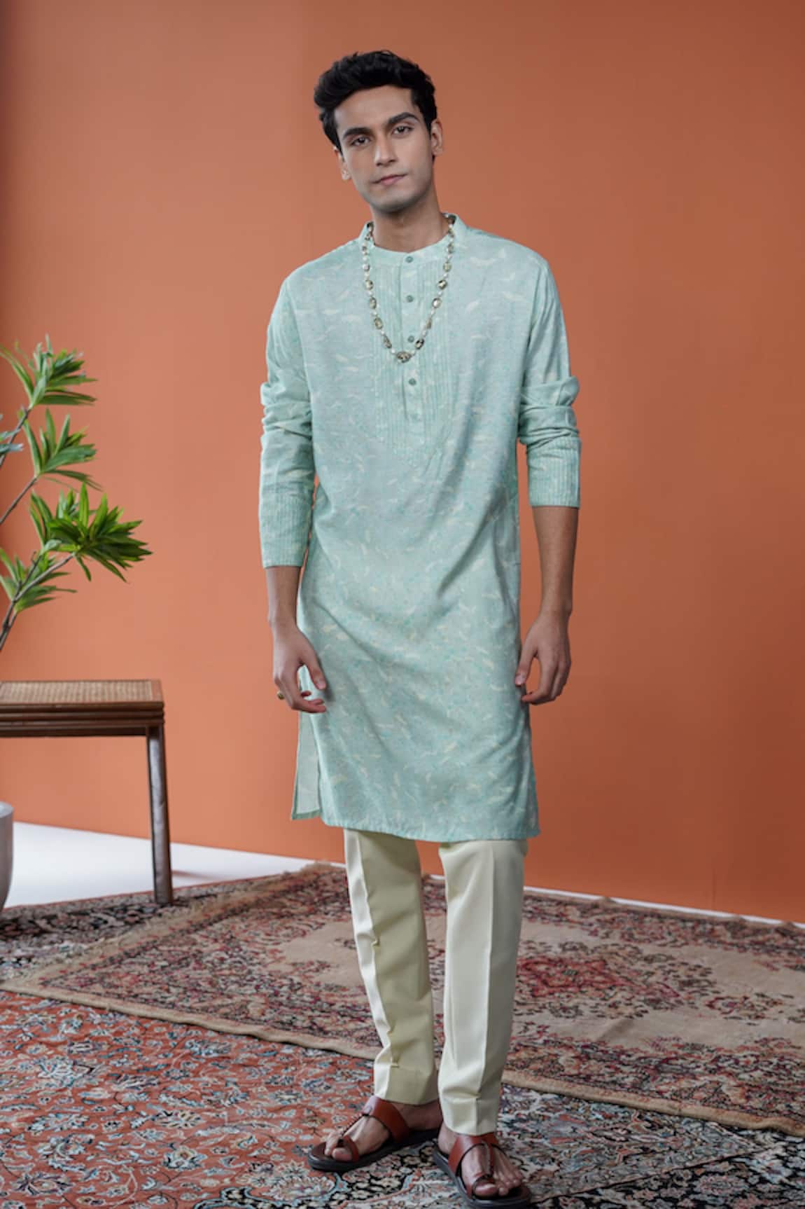 Philocaly Terrain Leaf Printed Pintuck Cotton Tussar Kurta 