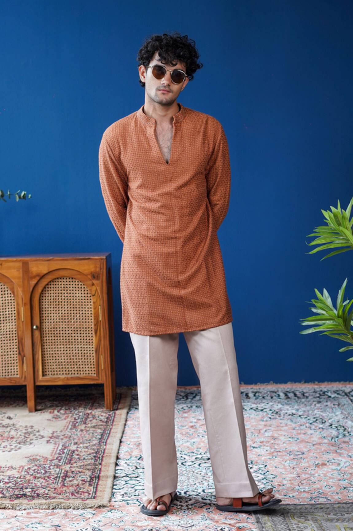 Philocaly Noora Textured V-Neck Kurta With Dabka Collar 