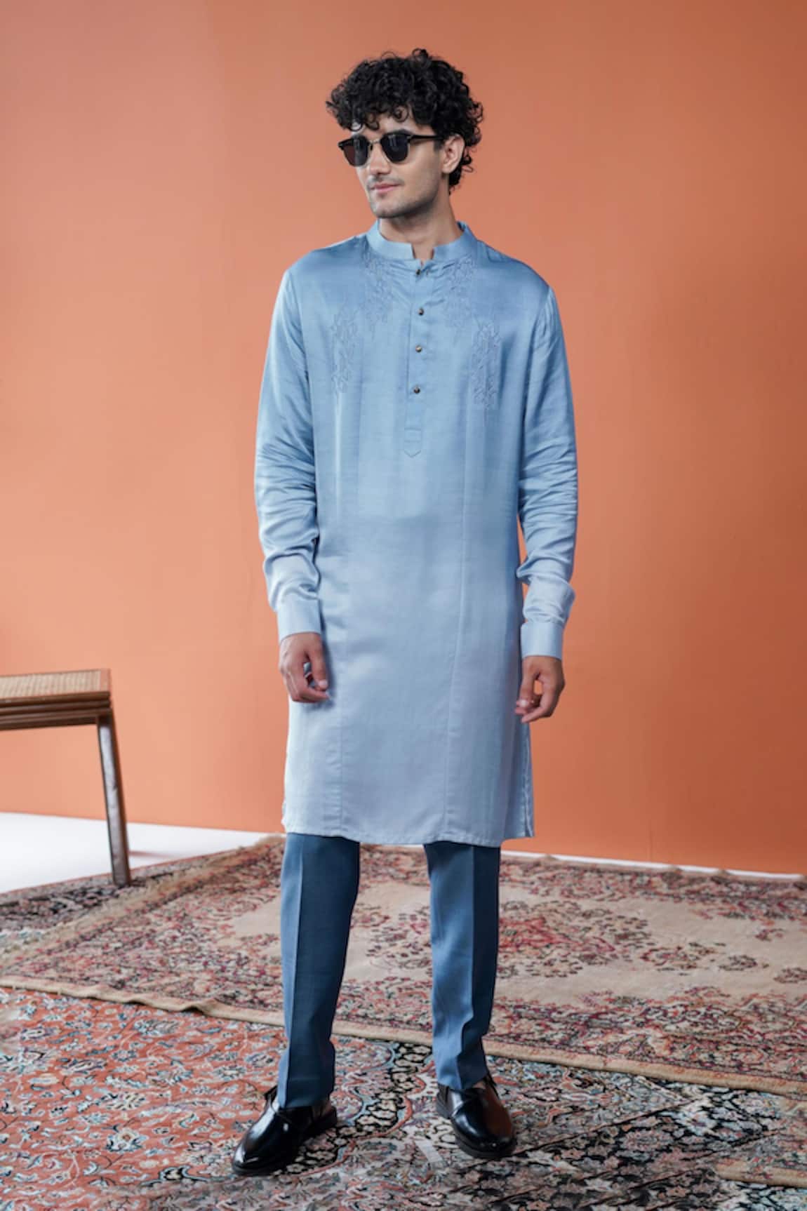 Philocaly Meghraj Ombre Linen Satin Tonal Embroidered Kurta 