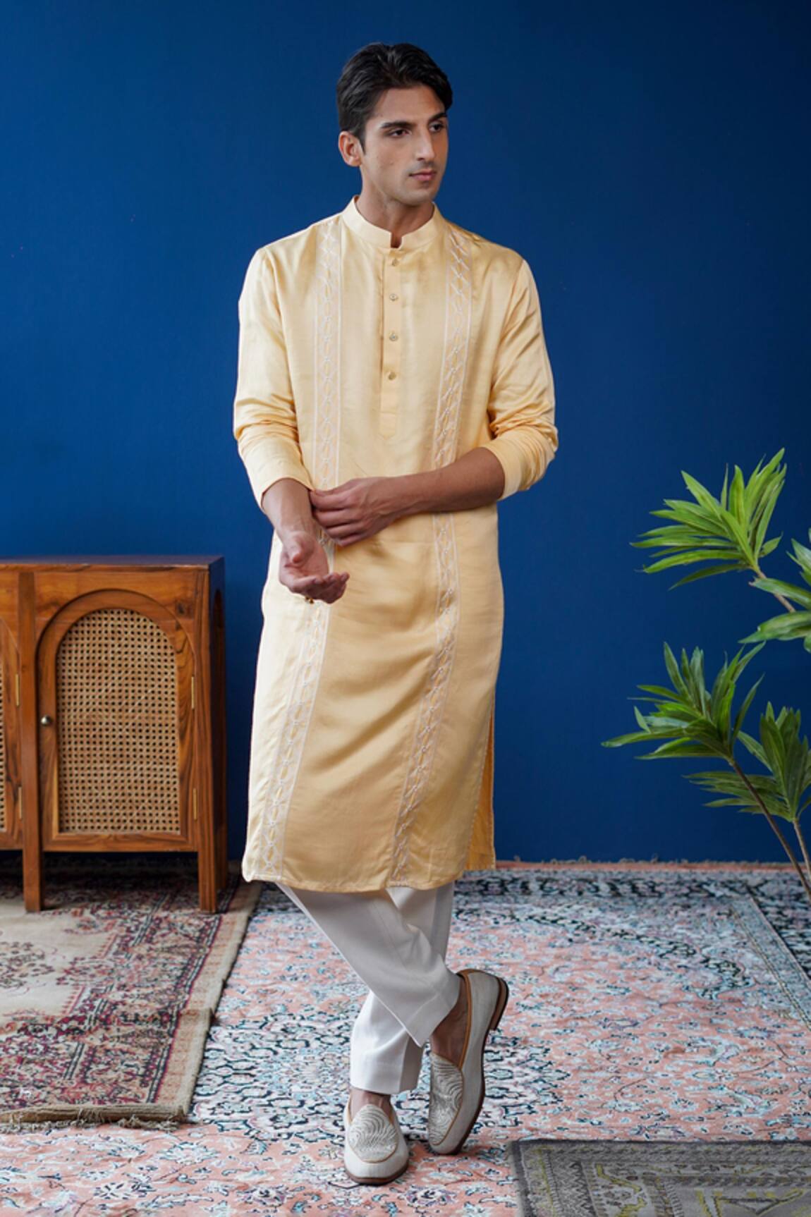 Philocaly Pitambari Linen Satin Tonal Diamond Embroidered Kurta 