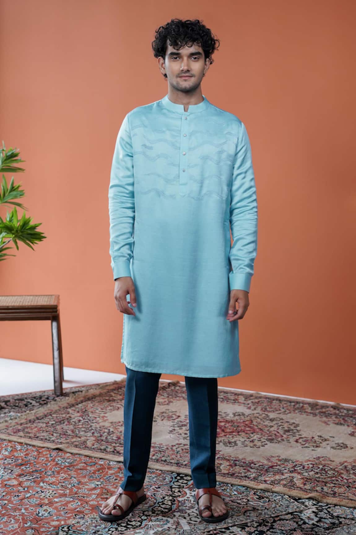 Philocaly Varun Tonal Embroidered Kurta With Mandarin Collar 