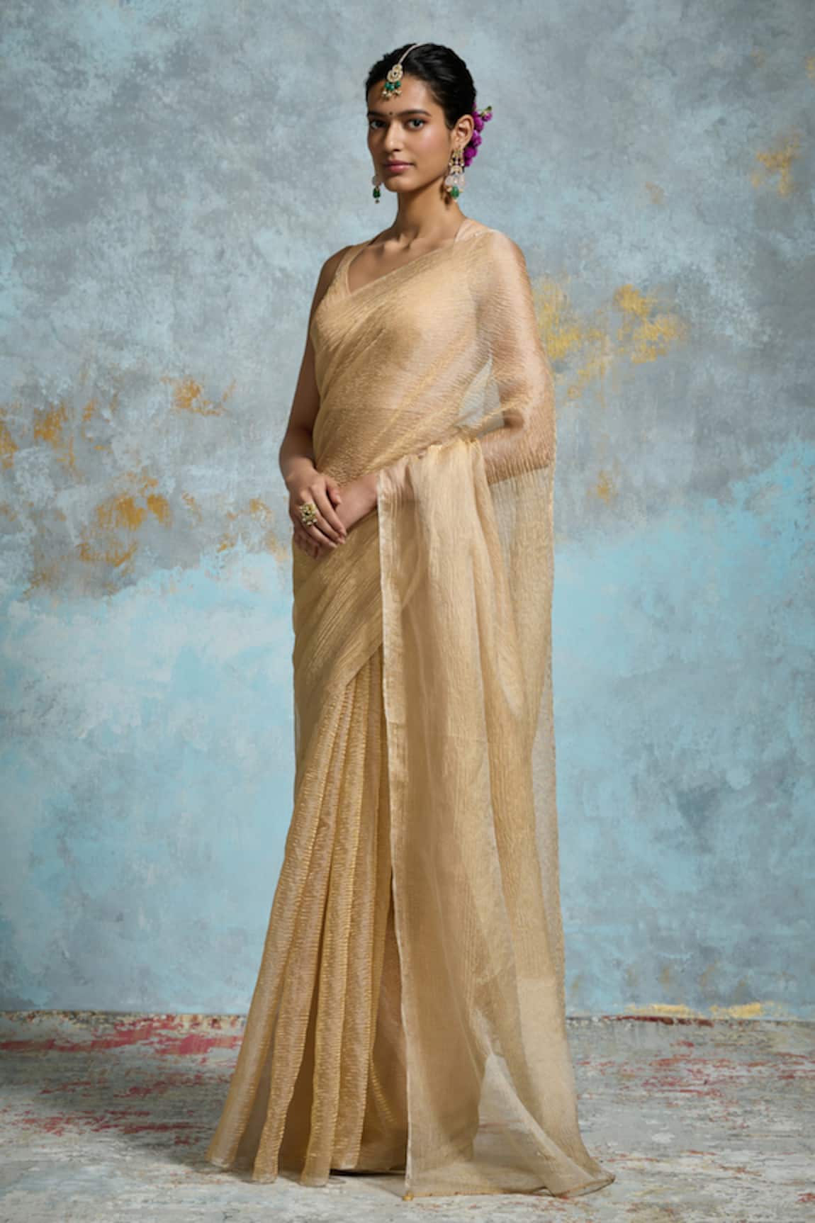 Dressfolk Yamini Tissue Pre-Draped Saree With Unstitched Blouse Piece 