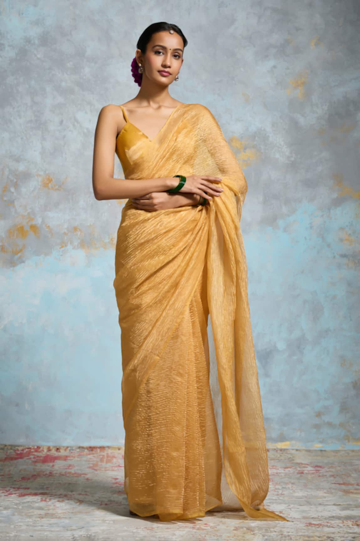 Dressfolk Priti Tissue Pre-Draped Saree With Unstitched Blouse Piece 