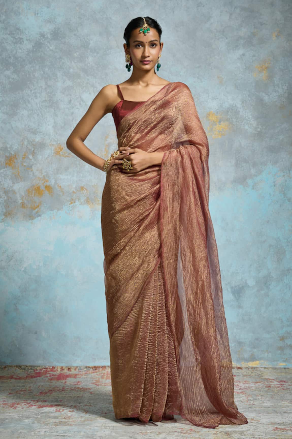 Dressfolk Sindoori Tissue Pre-Draped Saree With Unstitched Blouse Piece 