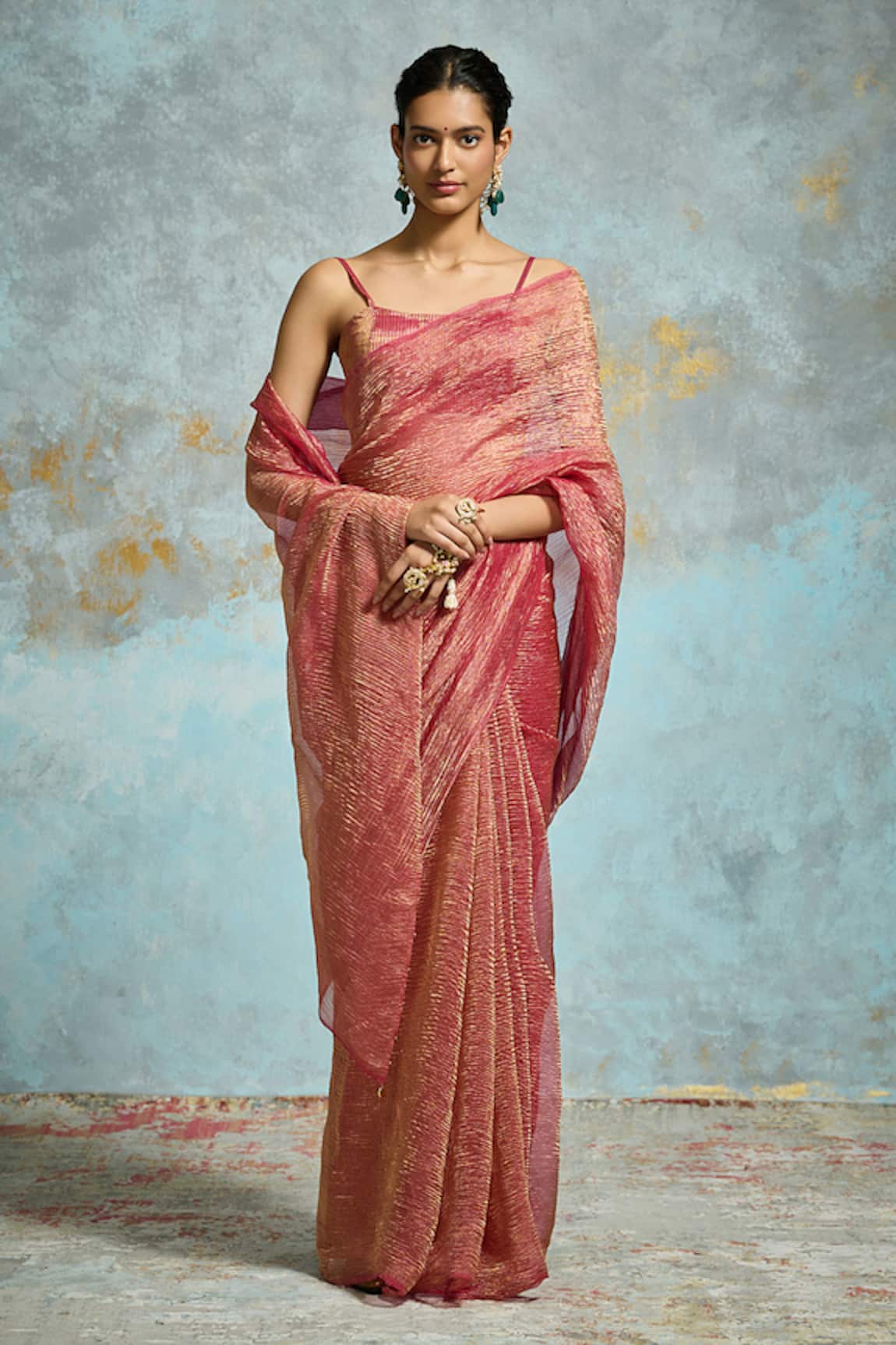 Dressfolk Jhalak Tissue Pre-Draped Saree With Unstitched Blouse Piece 