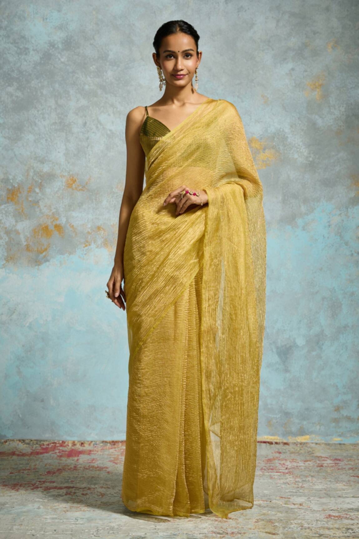 Dressfolk Aaira Tissue Pre-Draped Saree With Unstitched Blouse Piece 