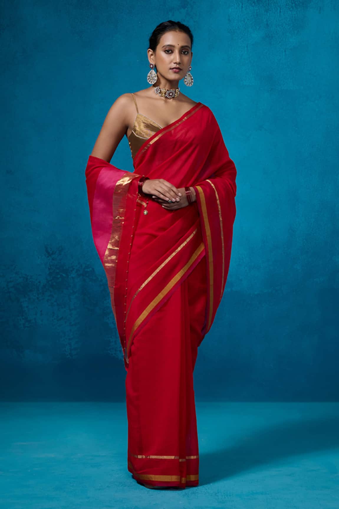 Dressfolk Surkh Chanderi Pre-Draped Saree With Unstitched Blouse Piece 