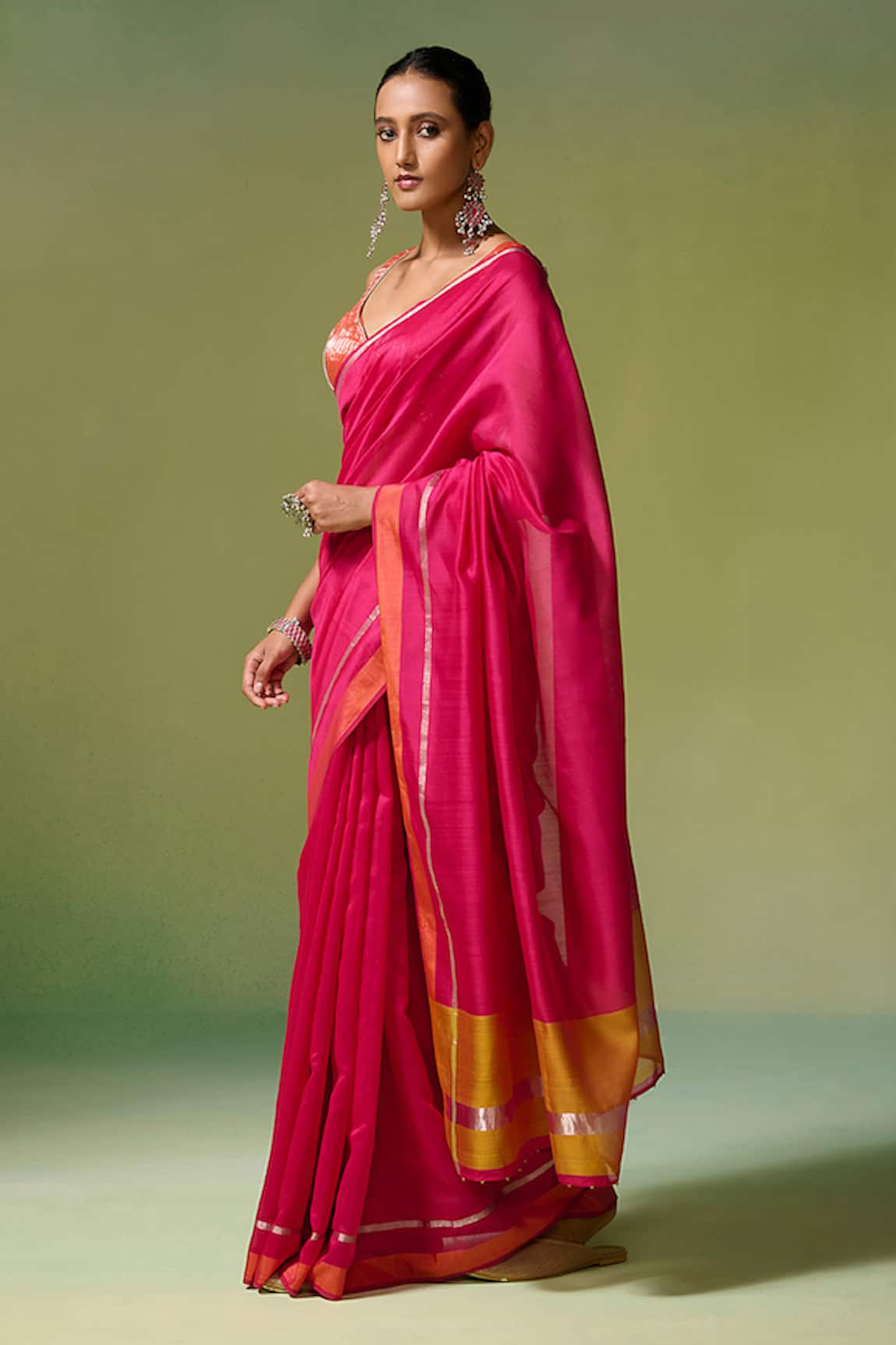 Dressfolk Fidha Chanderi Pre-Draped Saree With Unstitched Blouse Piece 