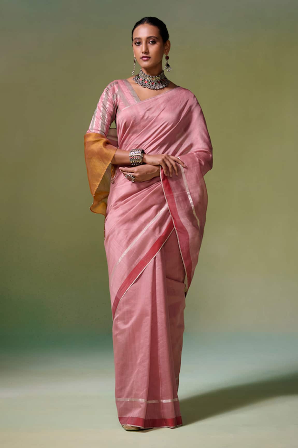 Dressfolk Anahira Chanderi Pre-Draped Saree With Unstitched Blouse Piece 